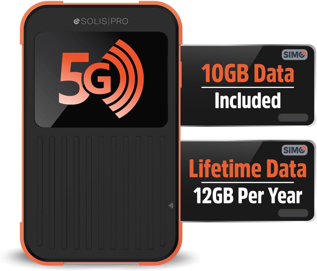 Solis Pro – Mobile 5G Hotspot and Power Bank  Bundle Includes Lifetime Data (12GB Per Year) and 10GB Global Data  Multi-Carrier  Wi-Fi 6E in140+ Countries  No Contract  Portable Internet by SIMO