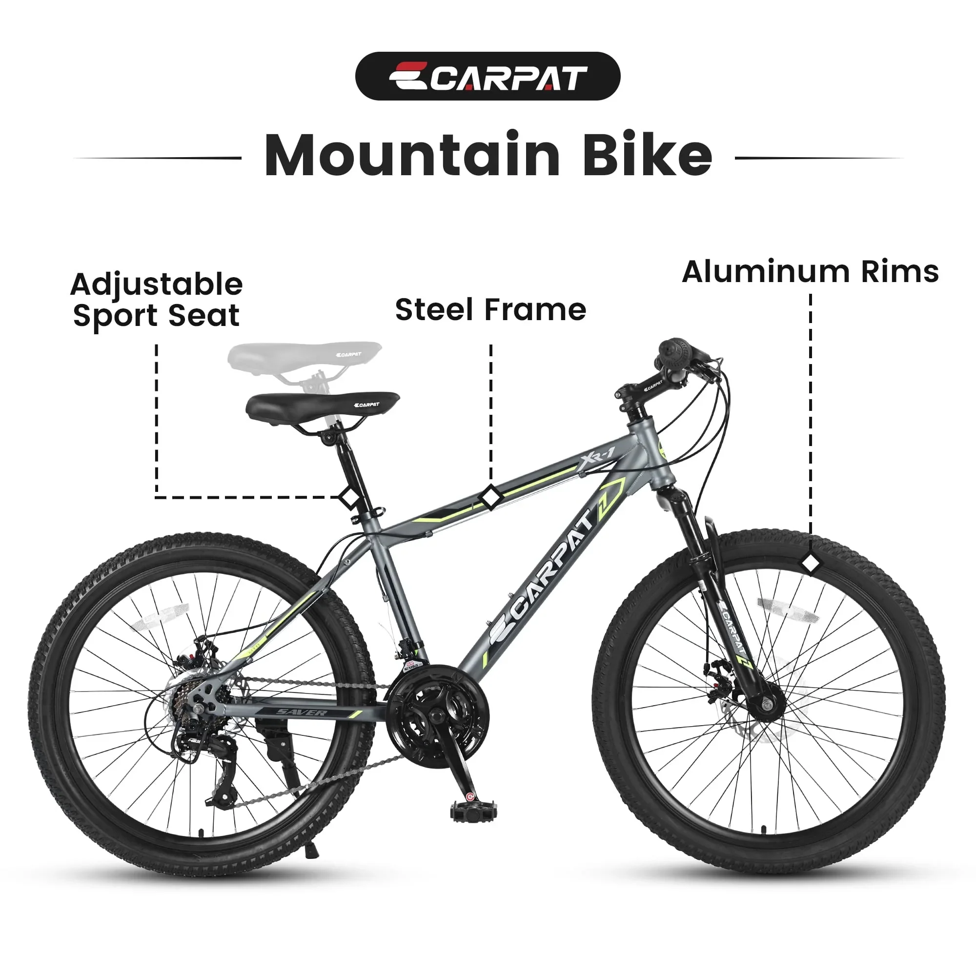 24 inch Mountain Bike Shimano 21 Speeds for Teenager with with Daul Disc Brakes and Front Suspension MTB,Grey
