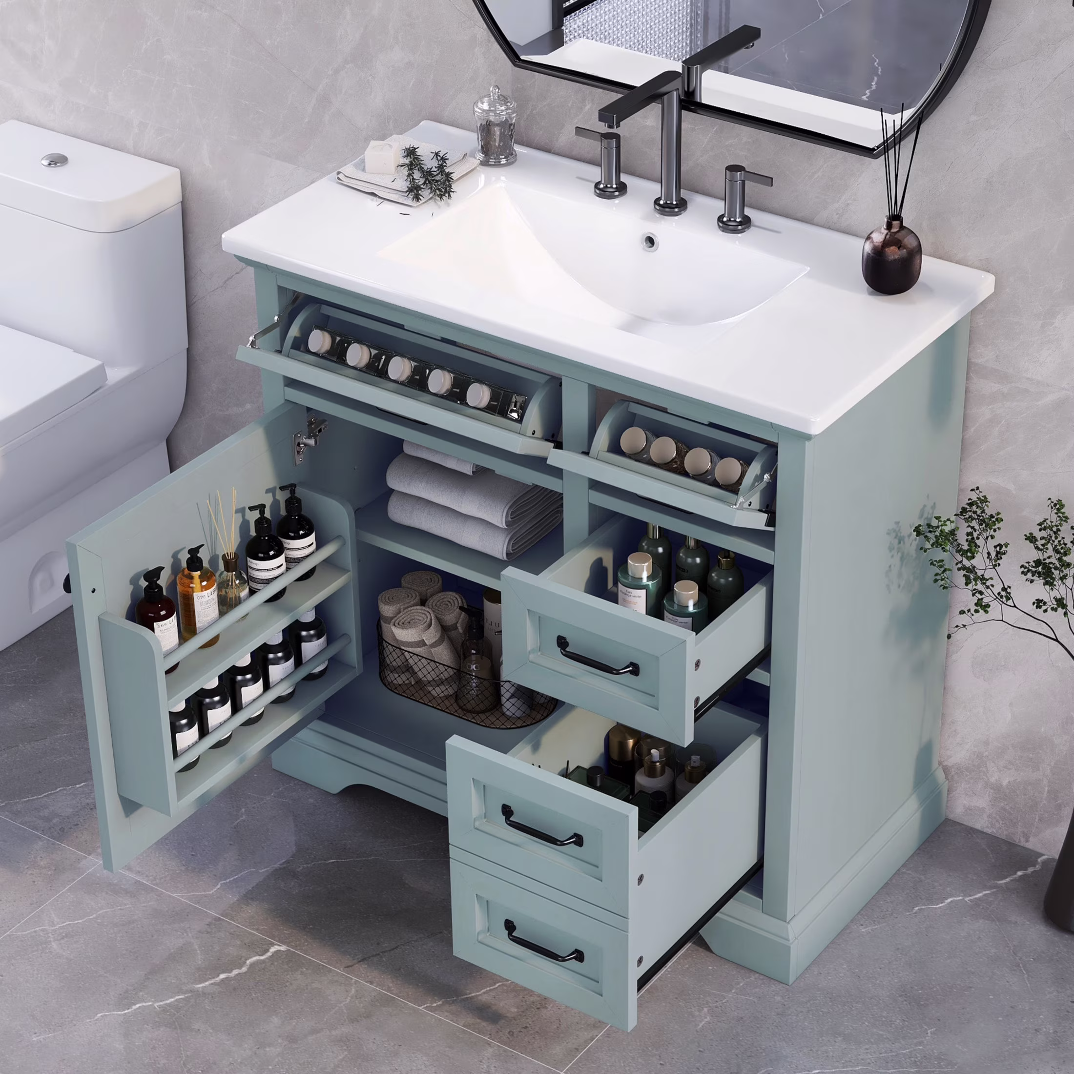 36" Bathroom Vanity with Sink, Tip-out Drawers, Soft-Close Doors, Grey(Grey)