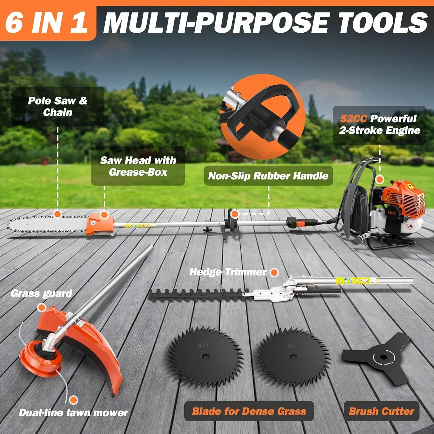 Zhixing 52CC 2-stroke 3-in-1 petrol lawn mower hedge trimmer, multifunctional garden pruning tool with weeder head + hedge blade, powerful lawn and tree trimmer, home gardening care machine