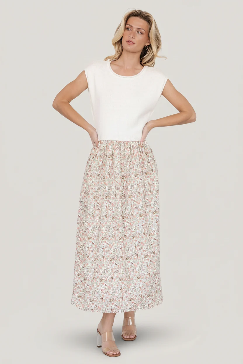 Myra Sweater Dress | Ivory + Coral Floral