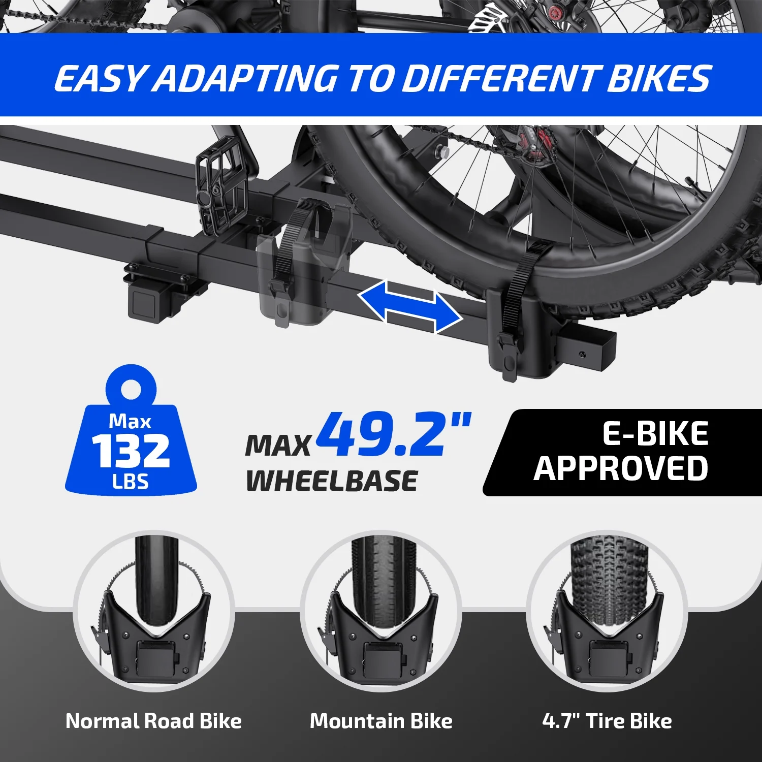 Premium Platform Steel Bike Rack with 132lbs Load Capacity, 2'' Hitch Receiver E-Bike Compatible - Image 2