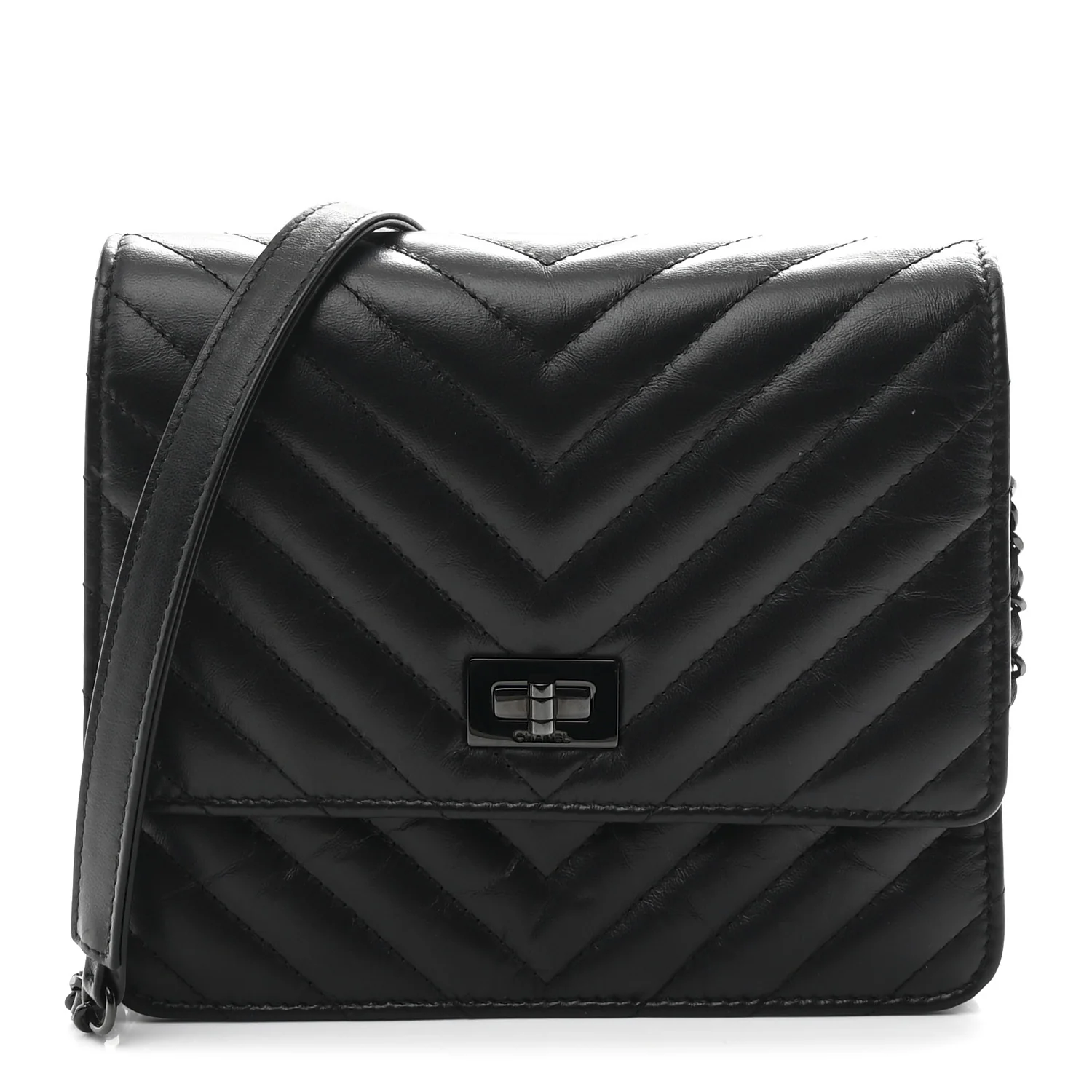 Aged Calfskin Chevron Quilted Reissue 2.55 Square Wallet On Chain WOC So Black