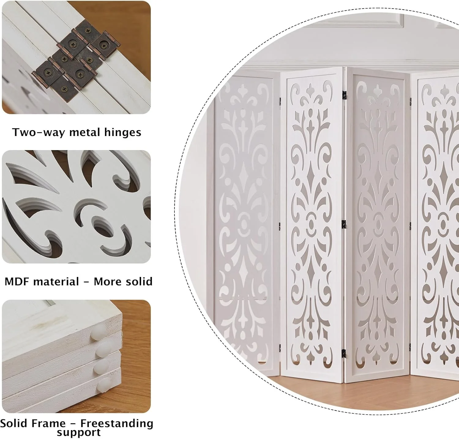 5.6Ft Room Divider Folding Wood Classical Carved Partition Screen for Home Office Garden 4 Panels (White)(4 Panels/White Exotic) - Image 4