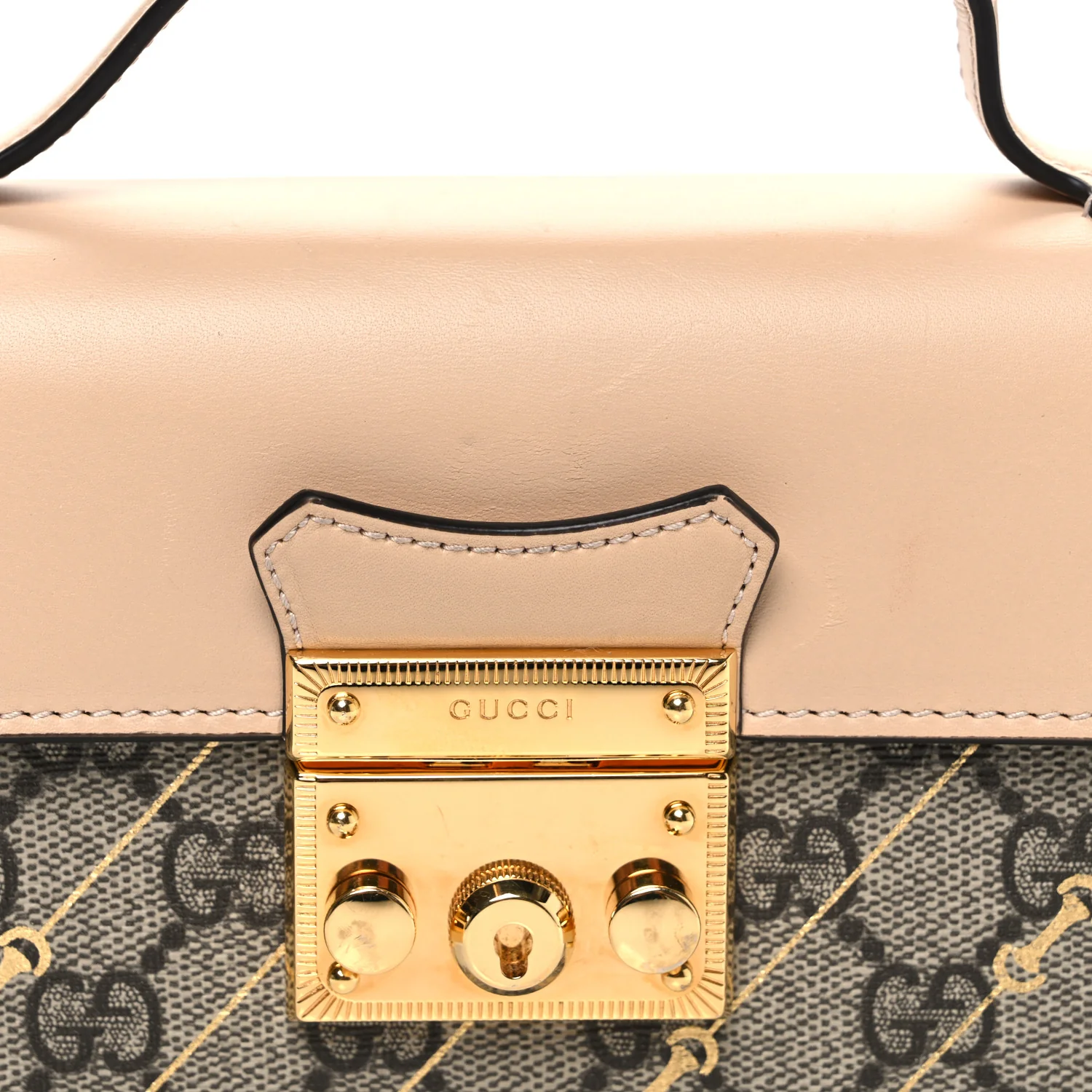 GG Supreme Monogram Calfskin Horsebit Print Mini Padlock Top Handle Shoulder Bag Beige Ebony Light Pink