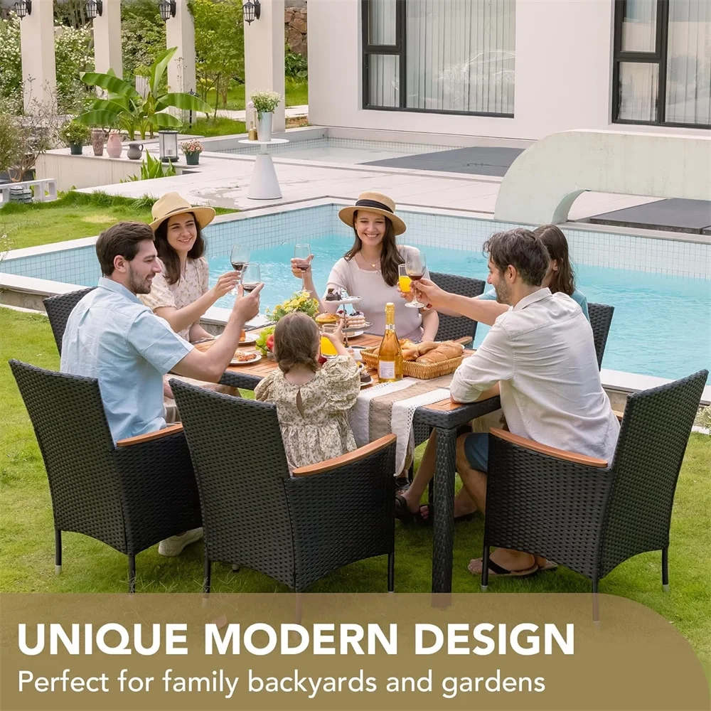 7 Pieces Outdoor Patio Dining Set, Patio Wicker Furniture Dining Set with 6 Chairs and Acacia Wood Top for Yard, Garden, Porch and Poolside, Black - Image 5