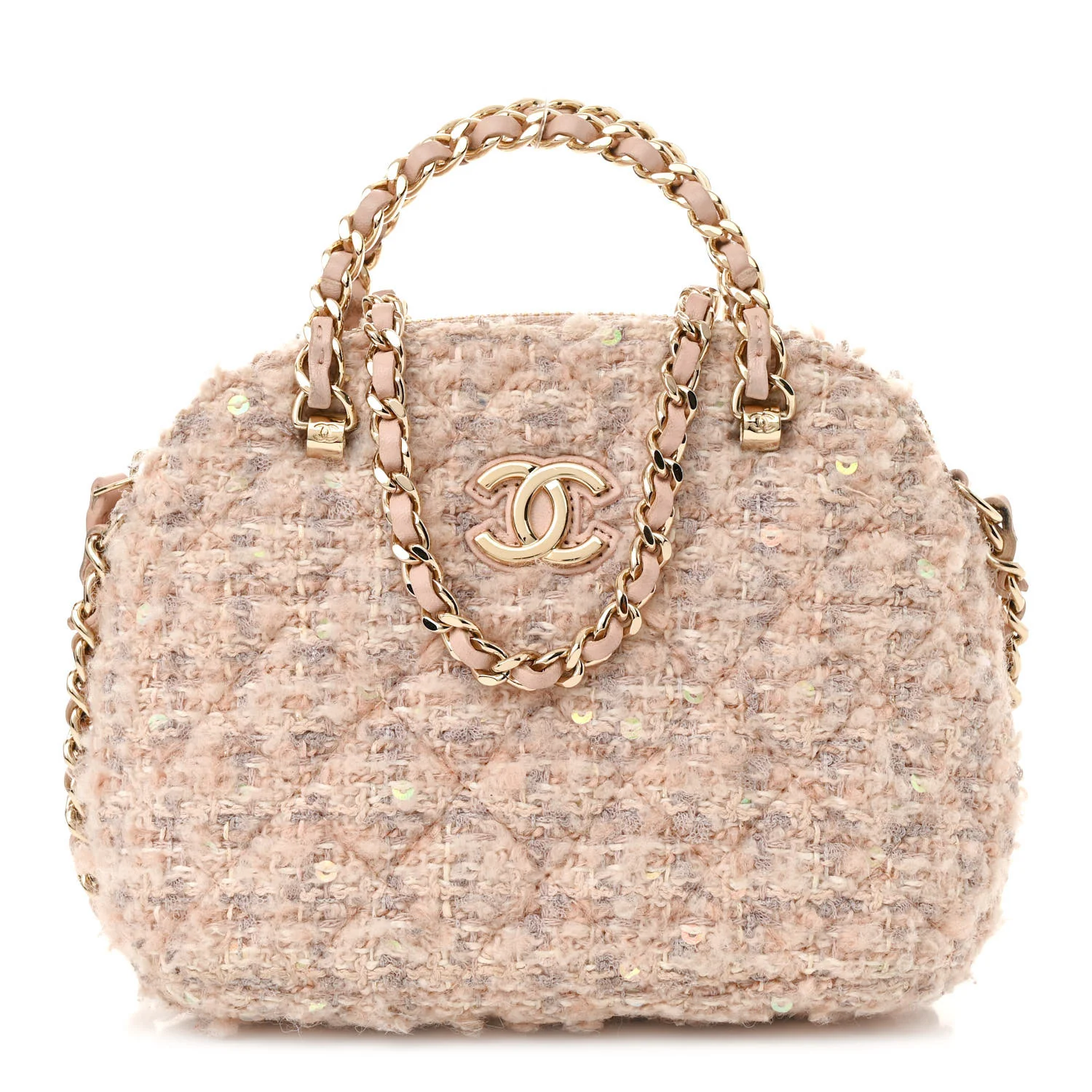 Cotton Wool Tweed Sequin Quilted Shiny Coco Clutch With Chain Light Pink Beige Ecru