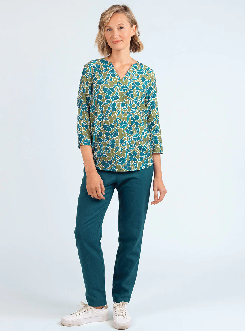 Pantalon femme en lin et coton bleu paon
