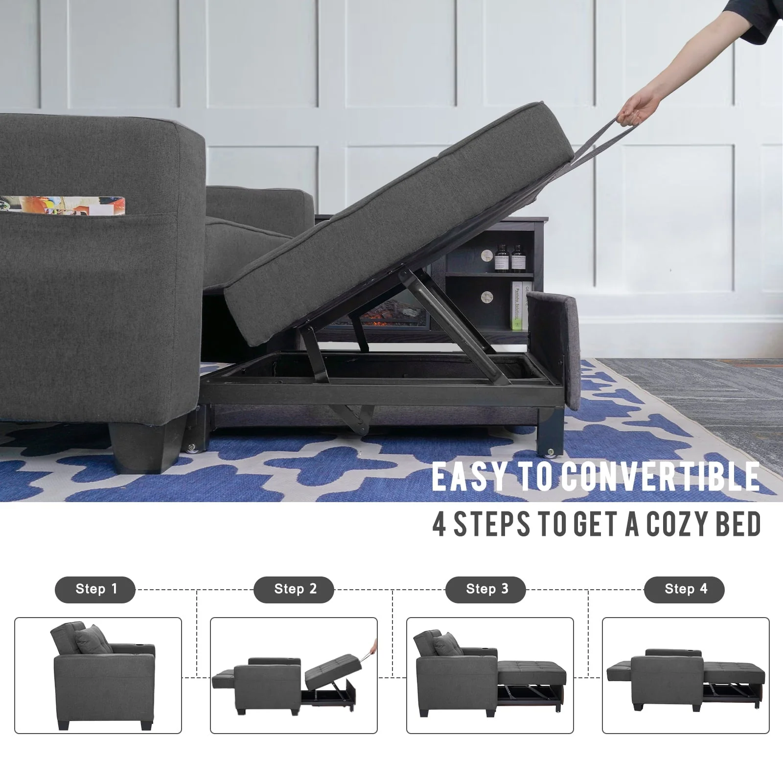 DURASPACE 3 in 1 Convertible Sleeper Chair Bed with Usb Port, Linen Pull Out Chair Indoor, Dark Gray(Faux Leather/Black Faux Leather) Image 4