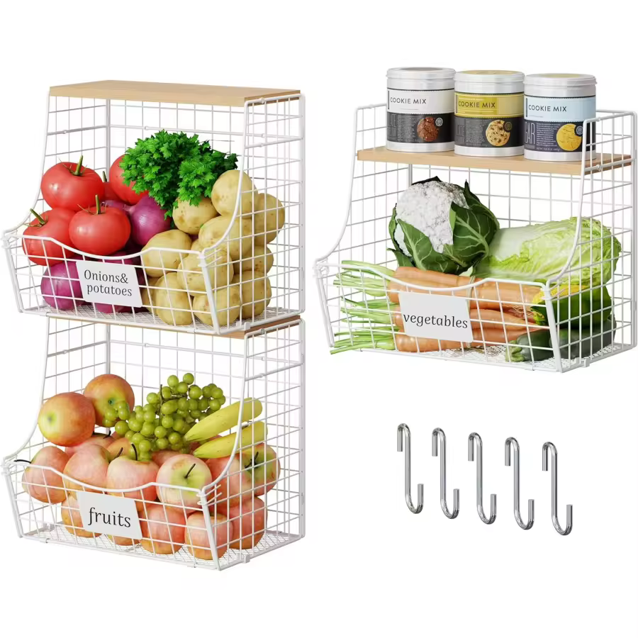 3 Pack Hanging Fruit Basket For Kitchen With Wood Lid - Onion And Potato Storage Fruit Bowl With Nameplate For Counter&Amp;Wall Mounted