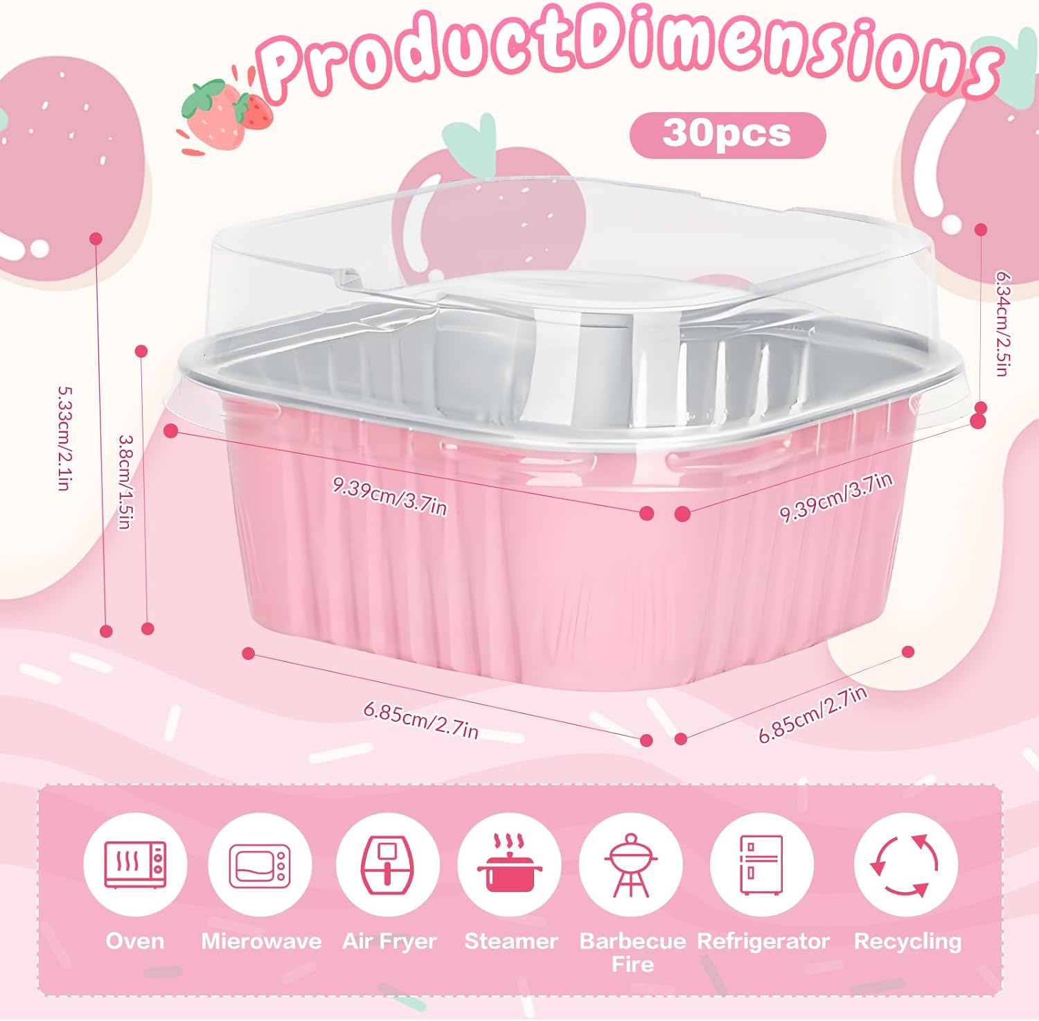 30Pack 5oz Pink Mini Cake Pans with Lids Baking Cups Aluminum Foil Pans Tins, Individual Dessert Cups Containers for Sales, Party, Picnics