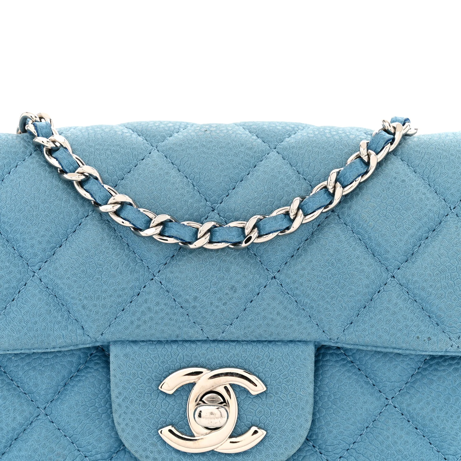 Iridescent Caviar Quilted Extra Mini Flap Light Blue