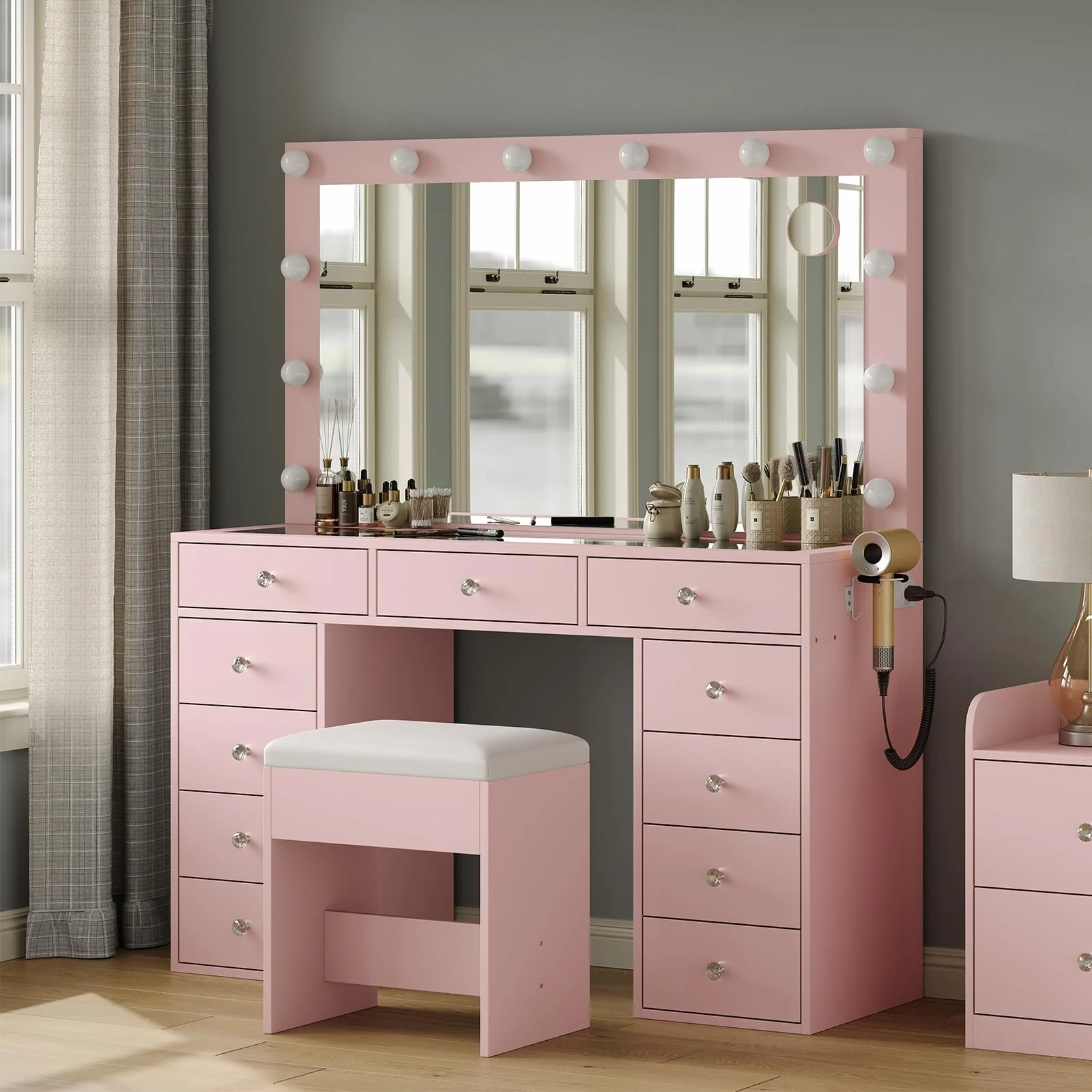White Vanity Desk with Illuminated Mirror Power Outlet, 11 Drawers Vanity Table with Chair, Makeup Vanity with 12 LED Lights, Tempered Glass Top, Dressing Table for Bedroom,Dressing Room(White) - Image 10