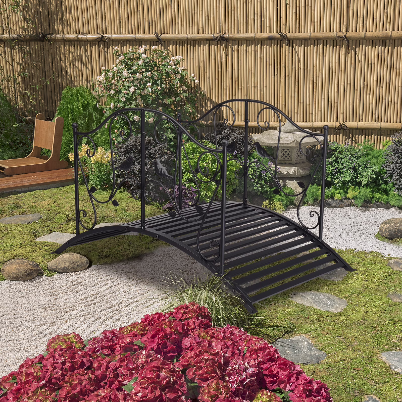 Garden Bridge, Metal Arch Backyard Garden Bridge Safety Siderails, Arch Path Bridge, Ourdoor Decorative Iron Foot Bridge for Pond and Backyard Landscaping (Black with Ball Flat Top), (47 x 26 x 28)