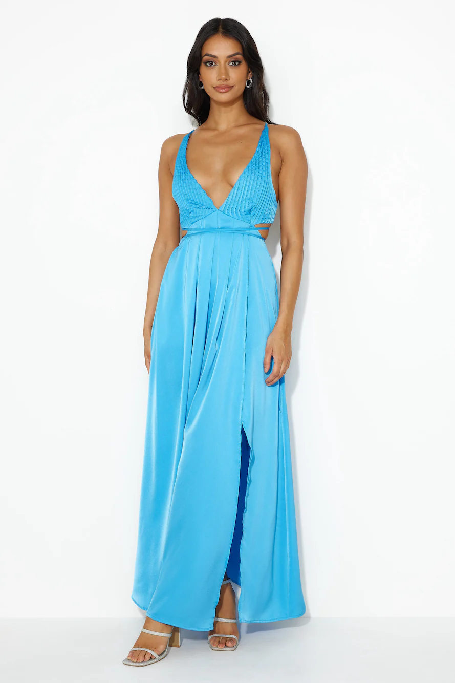 Capture Attention Satin Maxi Dress Blue