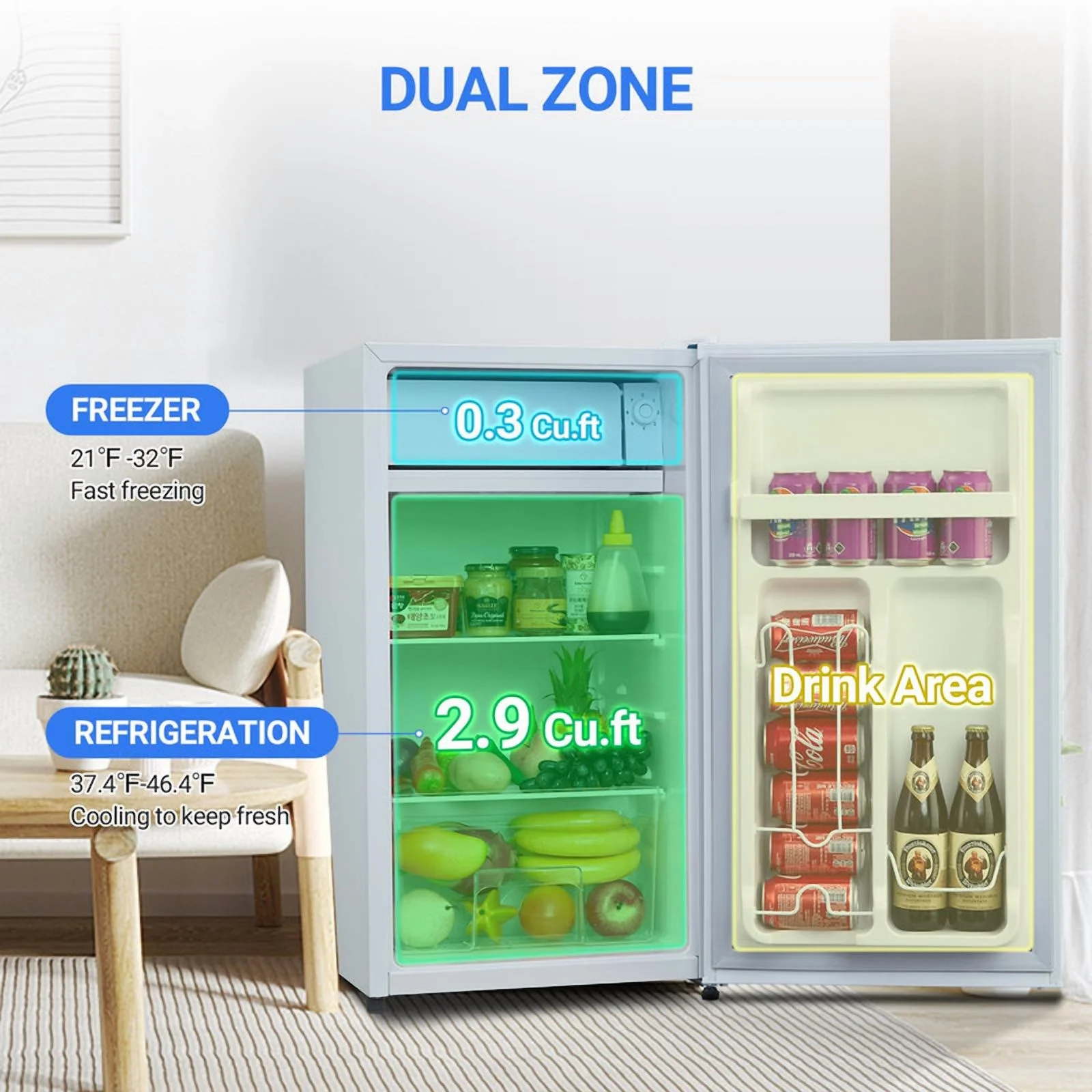 Towallmark 3.2 cu ft Mini Fridge, Compact Refrigerator, Portable Freezer with 2 Glass Shelves Silent Operation for Bedroom Office Dorm, White