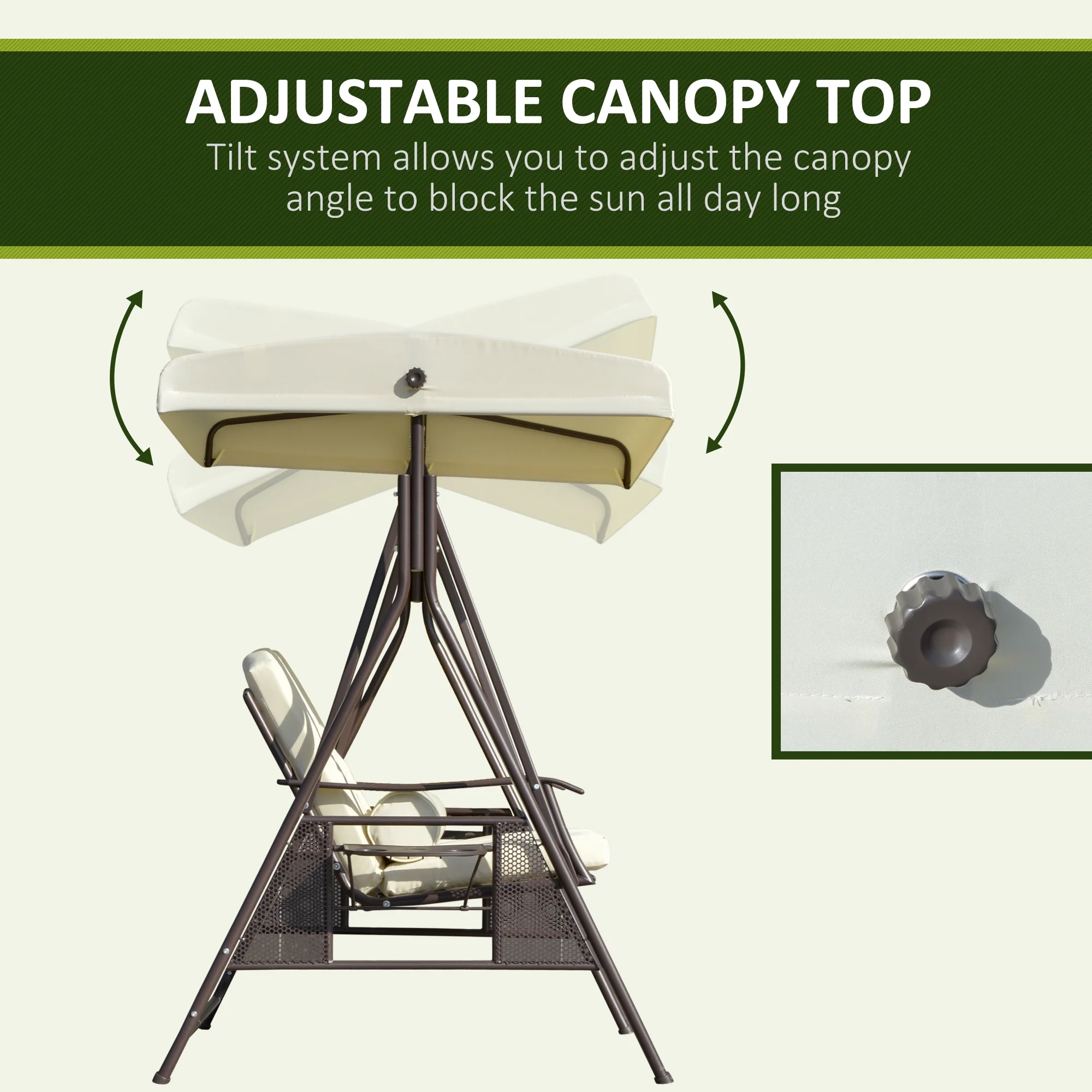 2-Person Patio Swing Bench with Adjustable Shade Canopy, Soft Cushions, Throw Pillows and Tray, Beige.(Beige) - Image 4