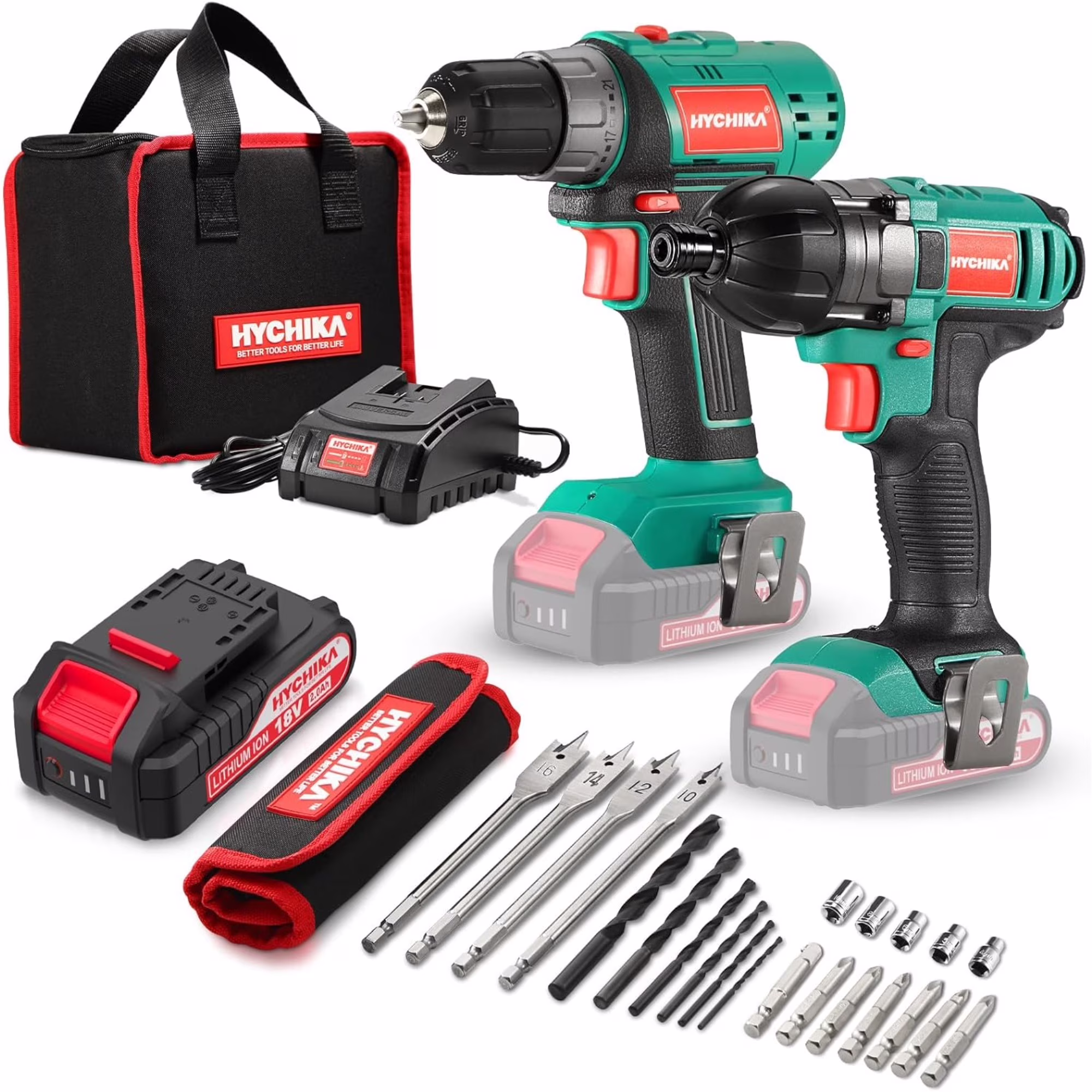 Cordless Drill Driver and Impact Driver 20V, HYCHIKA Drill Combo Kit,  1H Fast Charging, 22PCS Accessories for Drilling Wood, Metal and Plastic