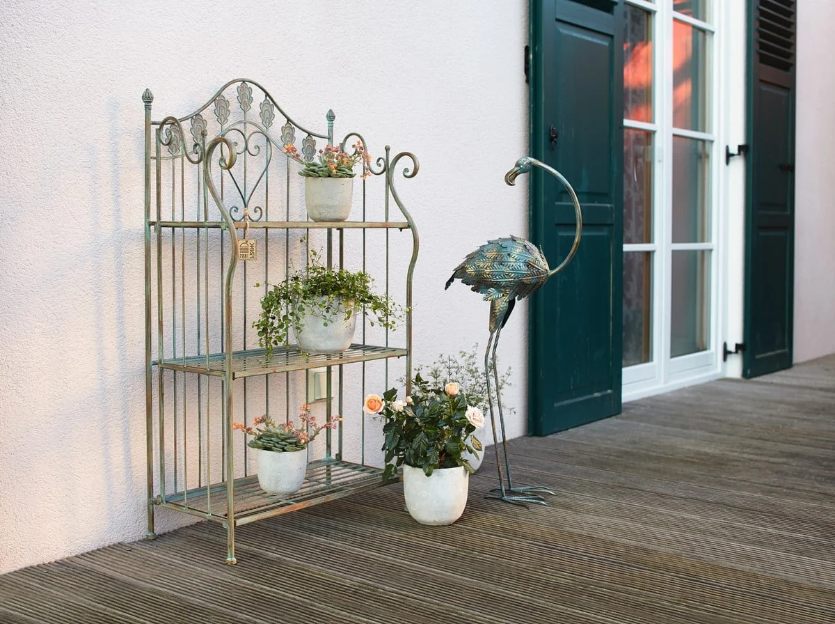 Westcharm 41 in Tall Pre - Assembled Folding Metal Shelf | Plant Stand | Shelving Unit | Bookcase | Outdoor Baker'S Rack with Scrolling Heart & Peacock Tail Motif - Verdigris Green