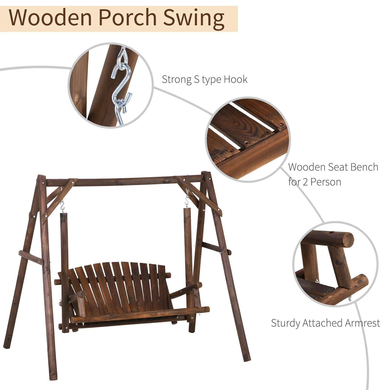 Wooden Swing Bench, Garden Swing Chair, Brown(Carbonized) - Image 6