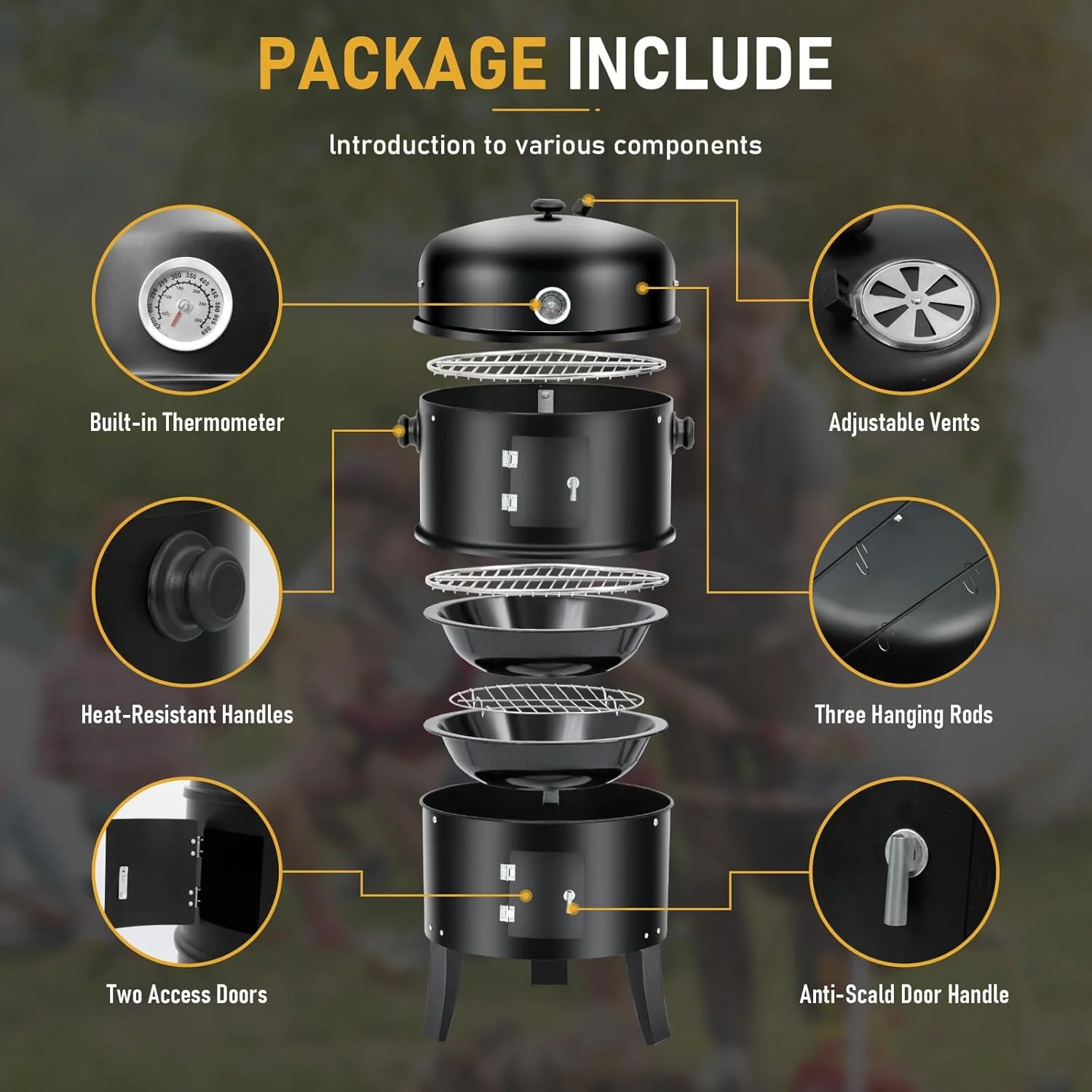 Vertical Smoker Black Iron Door, Cast Iron, Charcoal Fuel, Multi-Layer Versatile, 400 Square Inches Cooking Space - Image 4