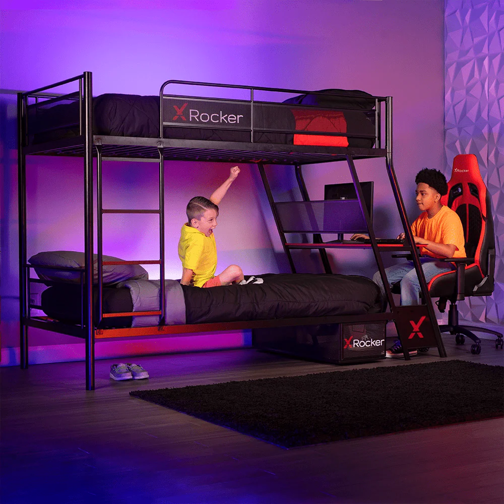 X Rocker Armada Twin Gaming Bunk Bed with Built - in Gaming Desk, Black, Twin/Twin, Children, Teen