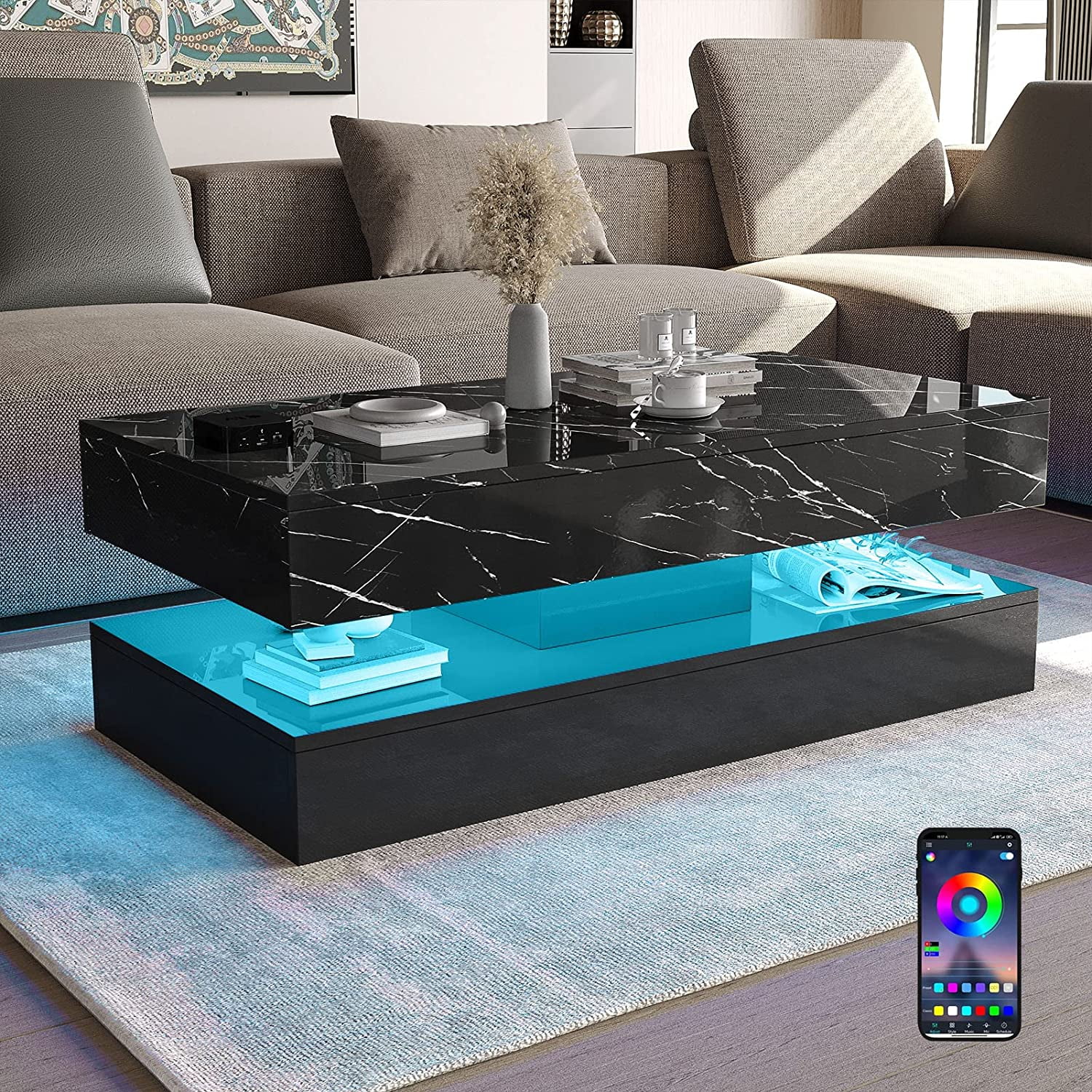 Large Black LED Coffee Table with 2 Storage Drawers, Modern High Gloss Coffee Table w/20 Colors LED Lights/APP Control, 2 Tiers Rectangle Large Living Room Furniture w/Marbling Print(47.3")(Black Marbling Print) - Image 8