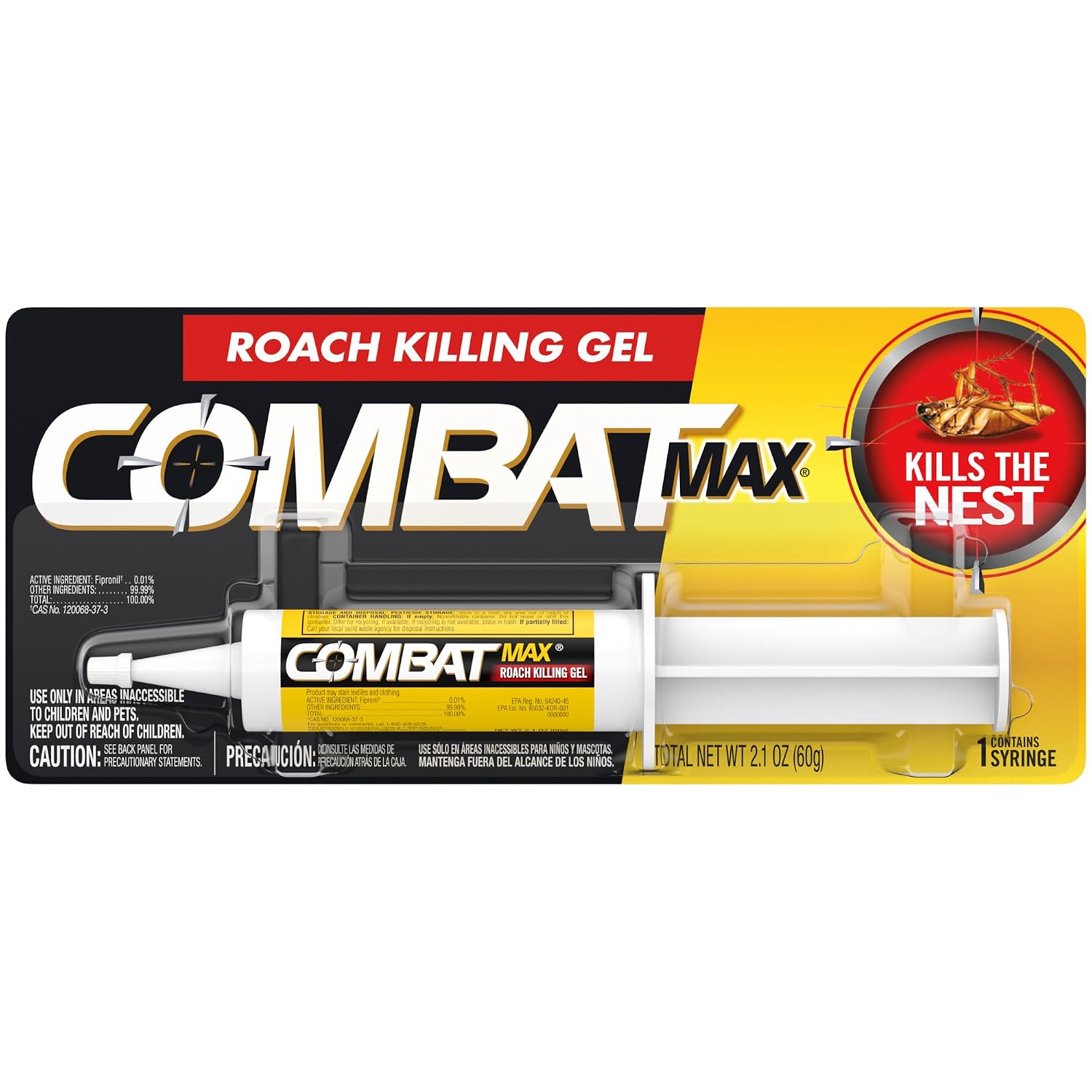 Combat Max Roach Killing Gel, Indoor and Outdoor Use, 1 Syringe, 2.1 Oz| Begins working within hours, fast control of large cockroaches, long-lasting residual action, unscented, transparent gel