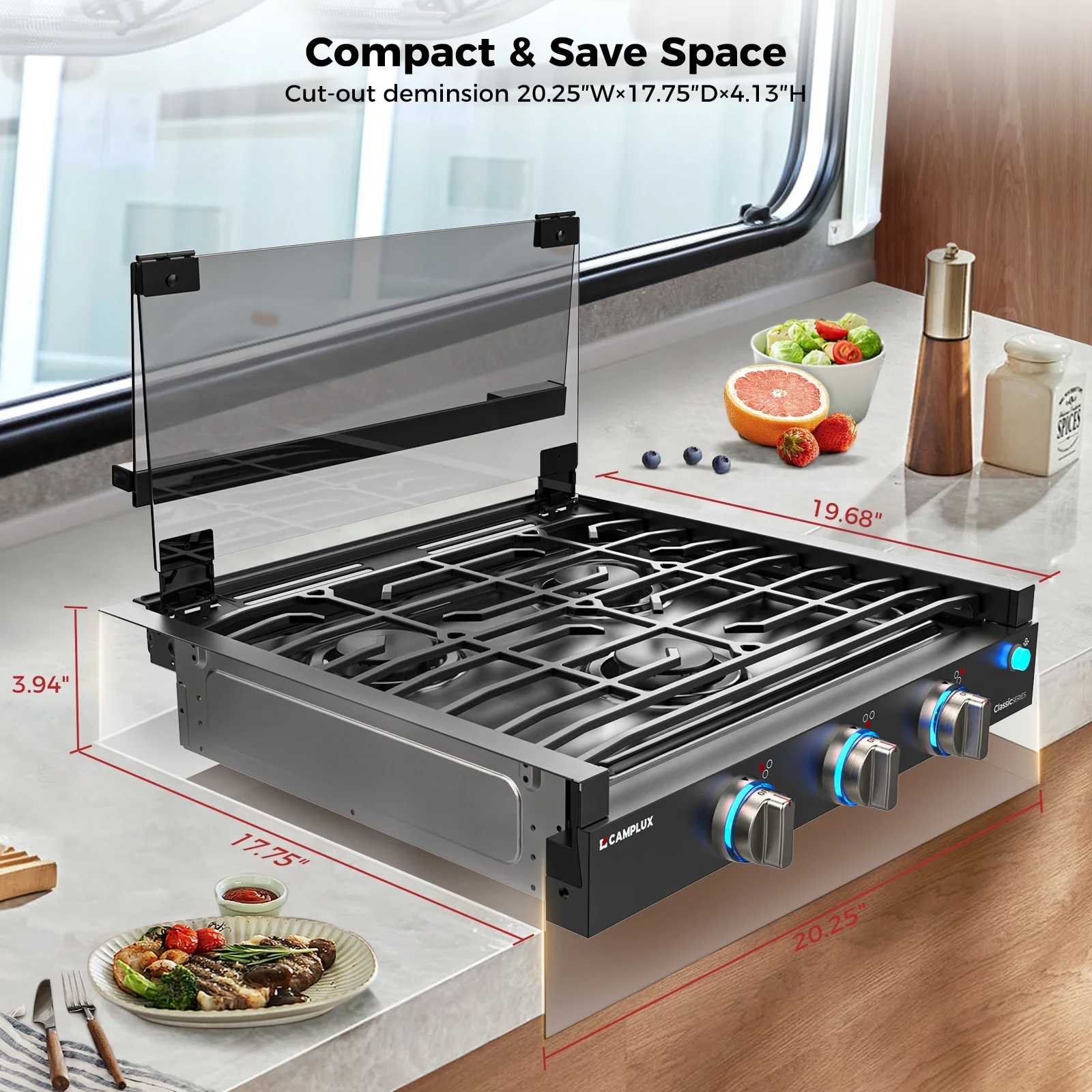 CAMPLUX RV Cooktop 3 Burners Slide - in, Outdoor Propane Cooktop Stove with Tempered Glass Cover, 21 in Gas Rangetop, 21, 000BTU, Black