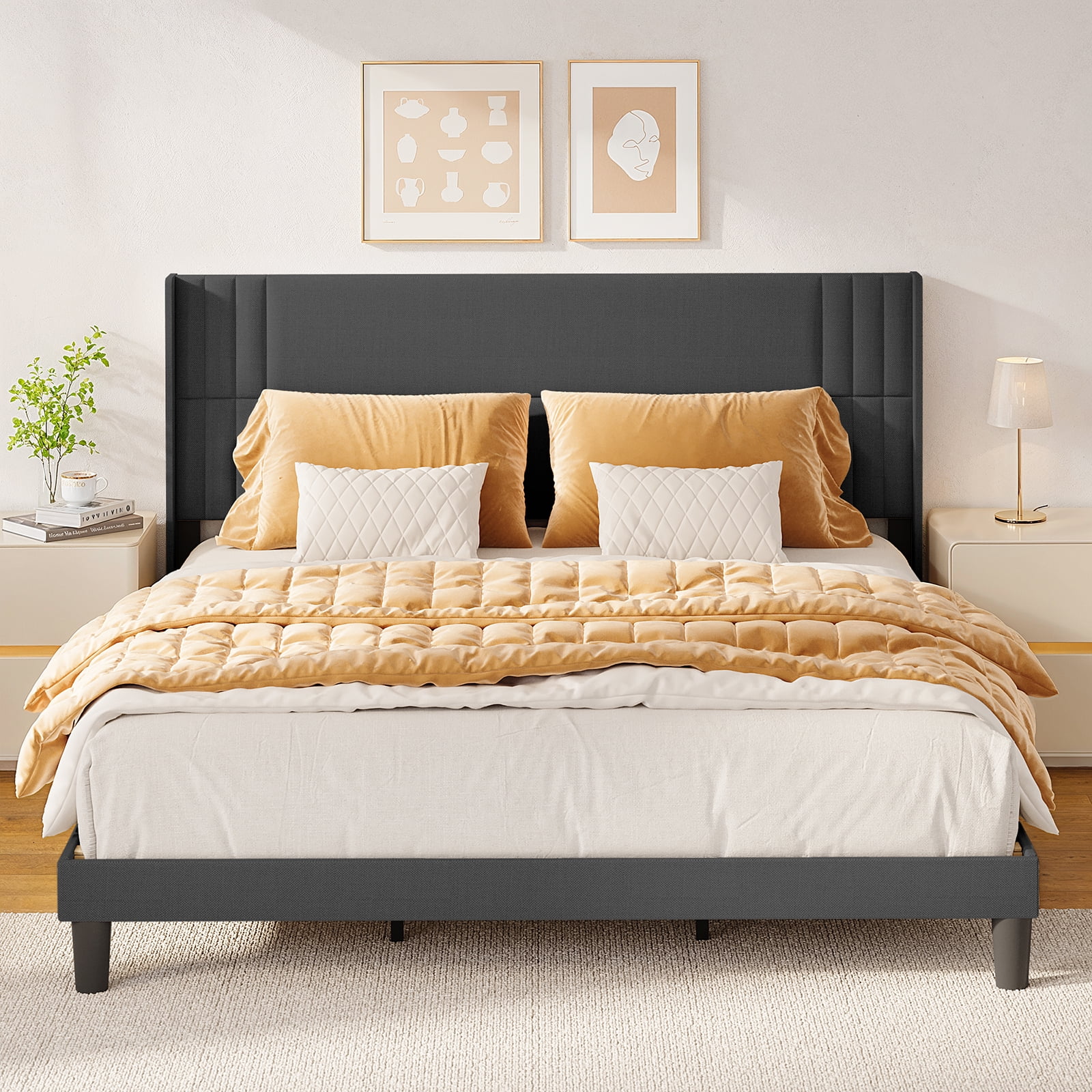Bedroom Furniture Set Includes Queen Bed Frame, Nightstands Set of 2, 5-Drawer Dresser Double Wide 6-Drawer Dresser Modern Storage Solution for Stylish Home Decor, Black(Black/Dark Gray) - Image 4
