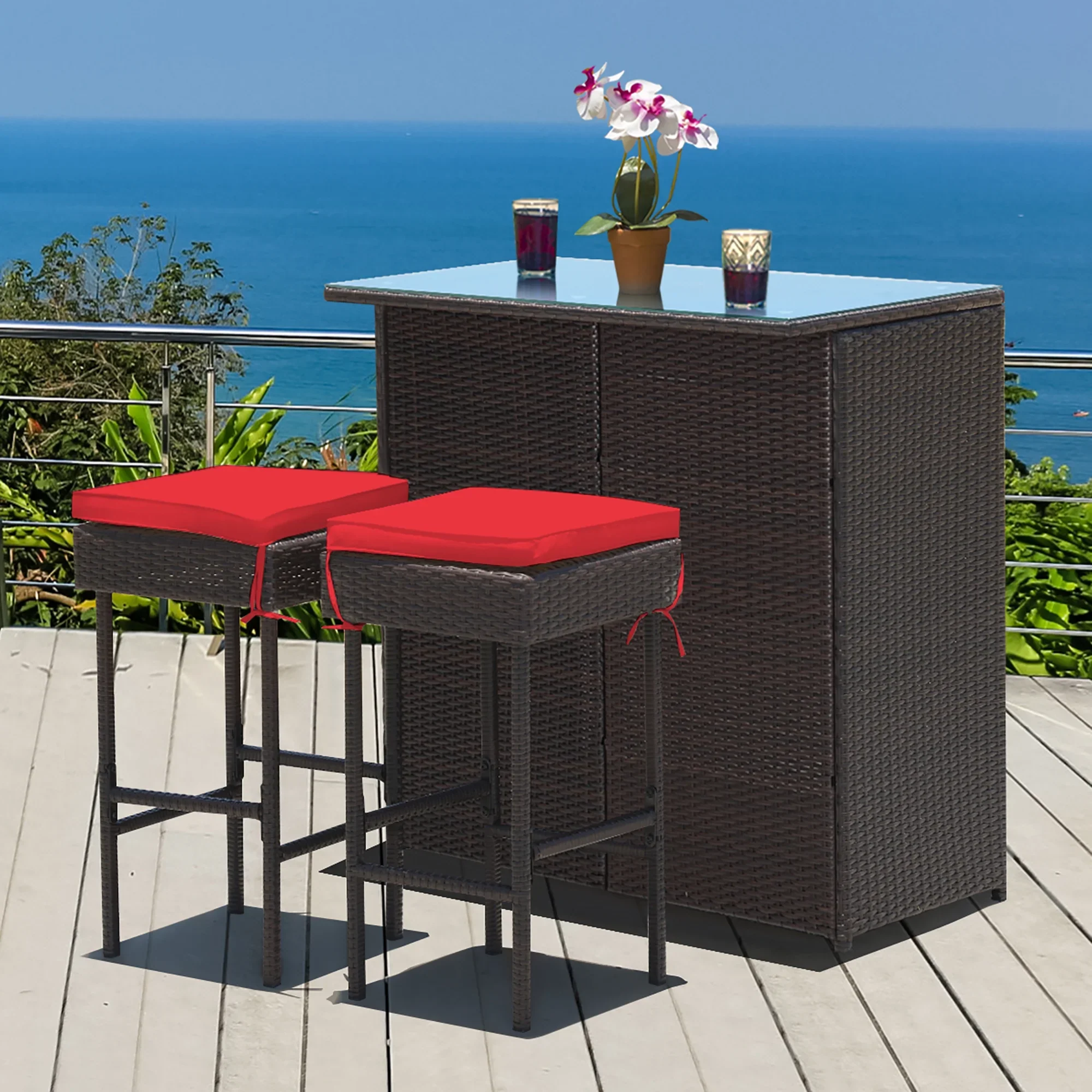 Costway 3PCS Patio Rattan Wicker Bar Table Stools Dining Set Cushioned Chairs Garden