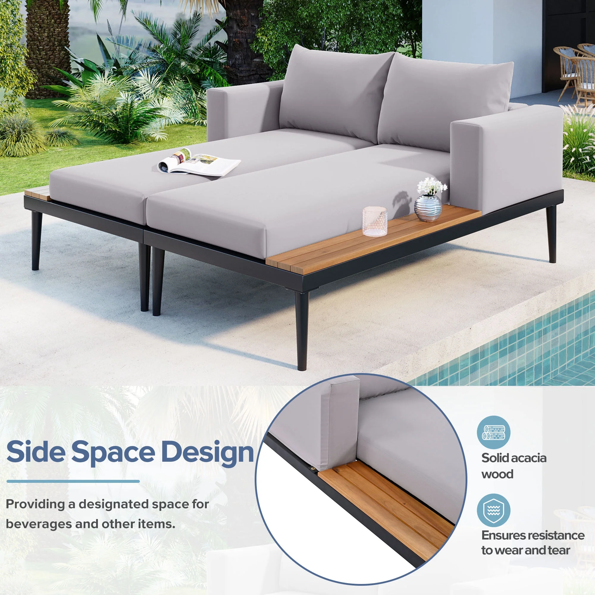 Patio Outdoor Metal Daybed for 2, All Weather Outdoor Chaise Lounges Reclining Chairs with Wood Topped Side Spaces for Drinks for Poolside Balcony Deck, Gray(Gray) - Image 6