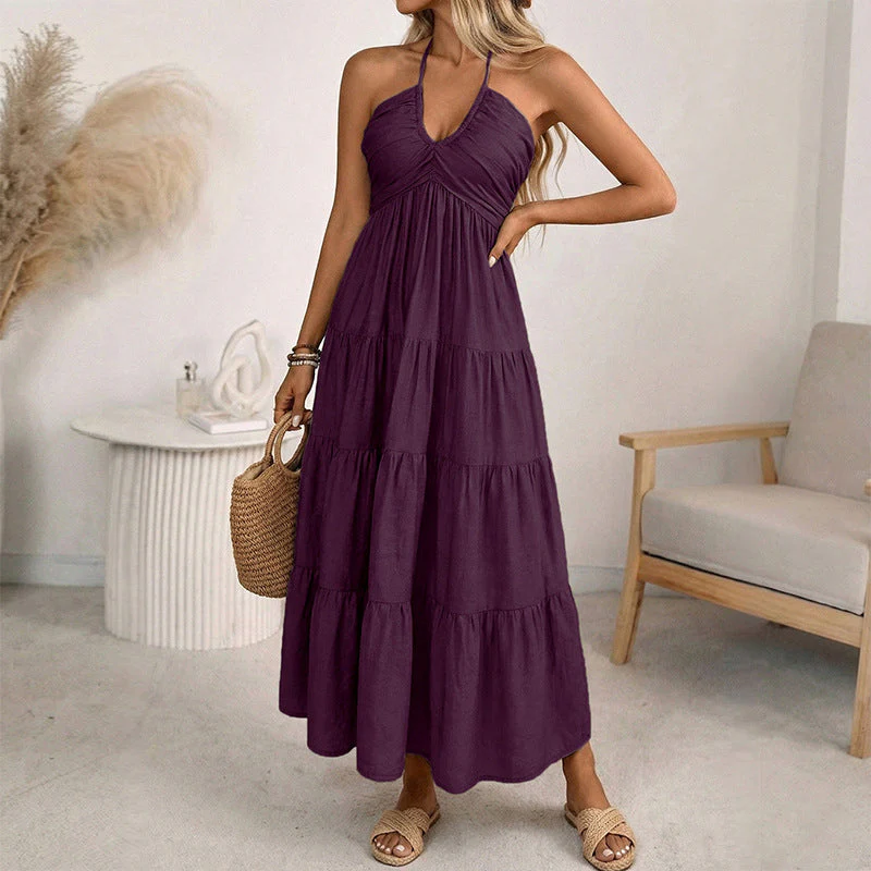 Robe longue dos nu à col halter avec drapés fluides