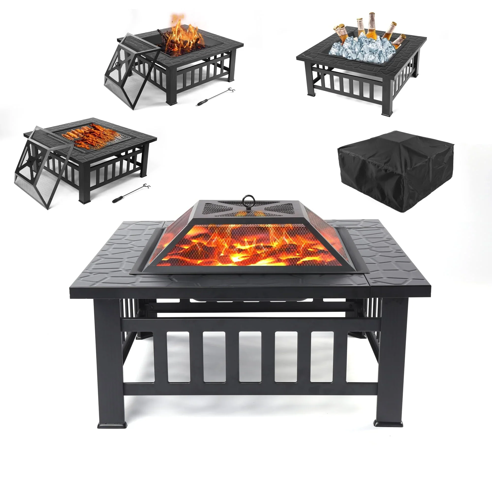 Fire Pits for Outside, 32 Wood Burning Fire Pit Tables with Screen Lid, Poker, BBQ Net, Ice Tray, Food Clip and Cover, Backyard Patio Garden Outdoor Fire Pit/Ice Pit/BBQ Fire Pit, Black