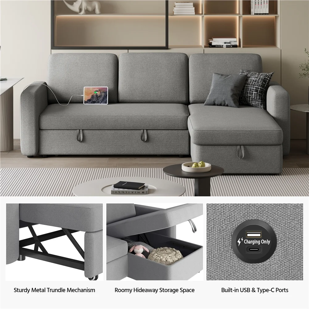 Reversible Sectional Sofa with USB Type-C Ports for Livingroom, Light Gray(Light Gray) - Image 10
