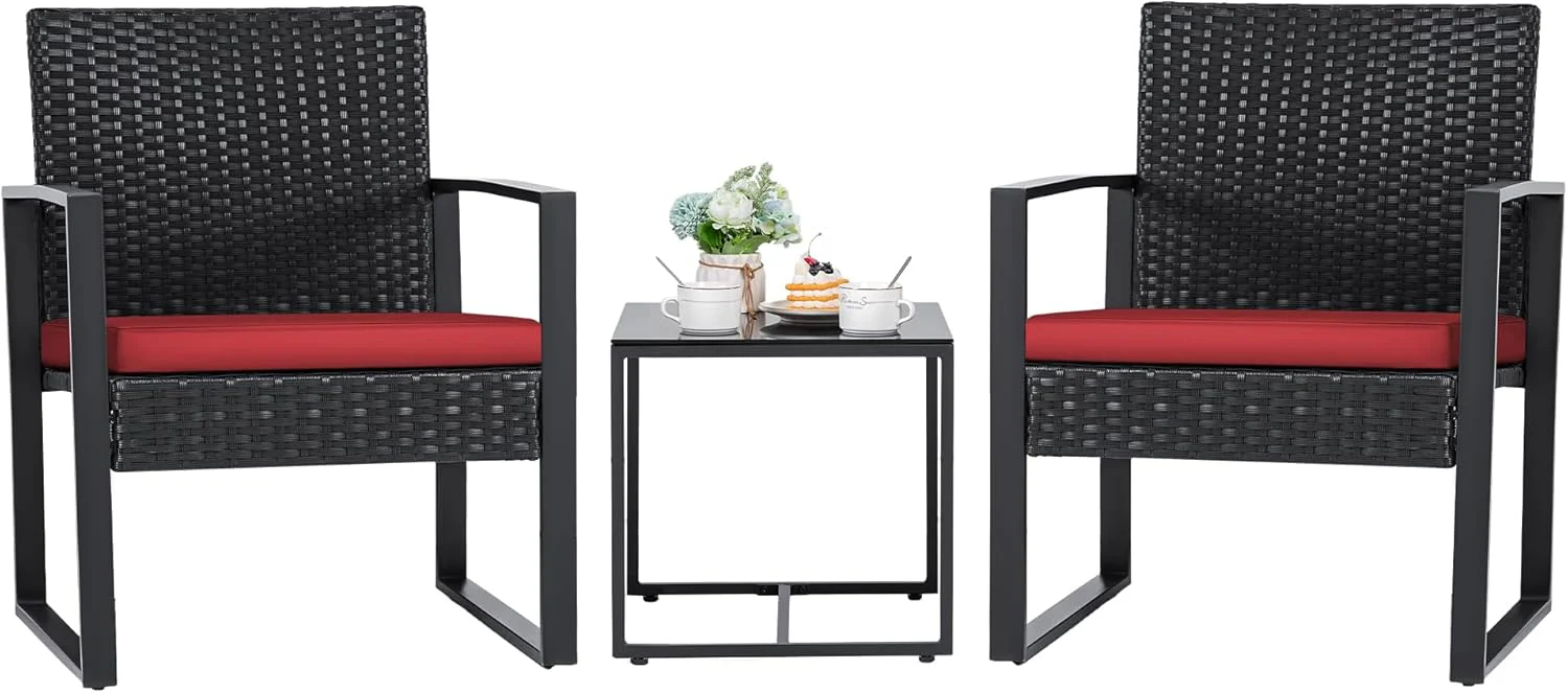 3 Pieces Patio Set Outdoor Wicker Furniture Sets Modern Rattan Chair Conversation Sets with Coffee Table for Yard and Bistro (Black)