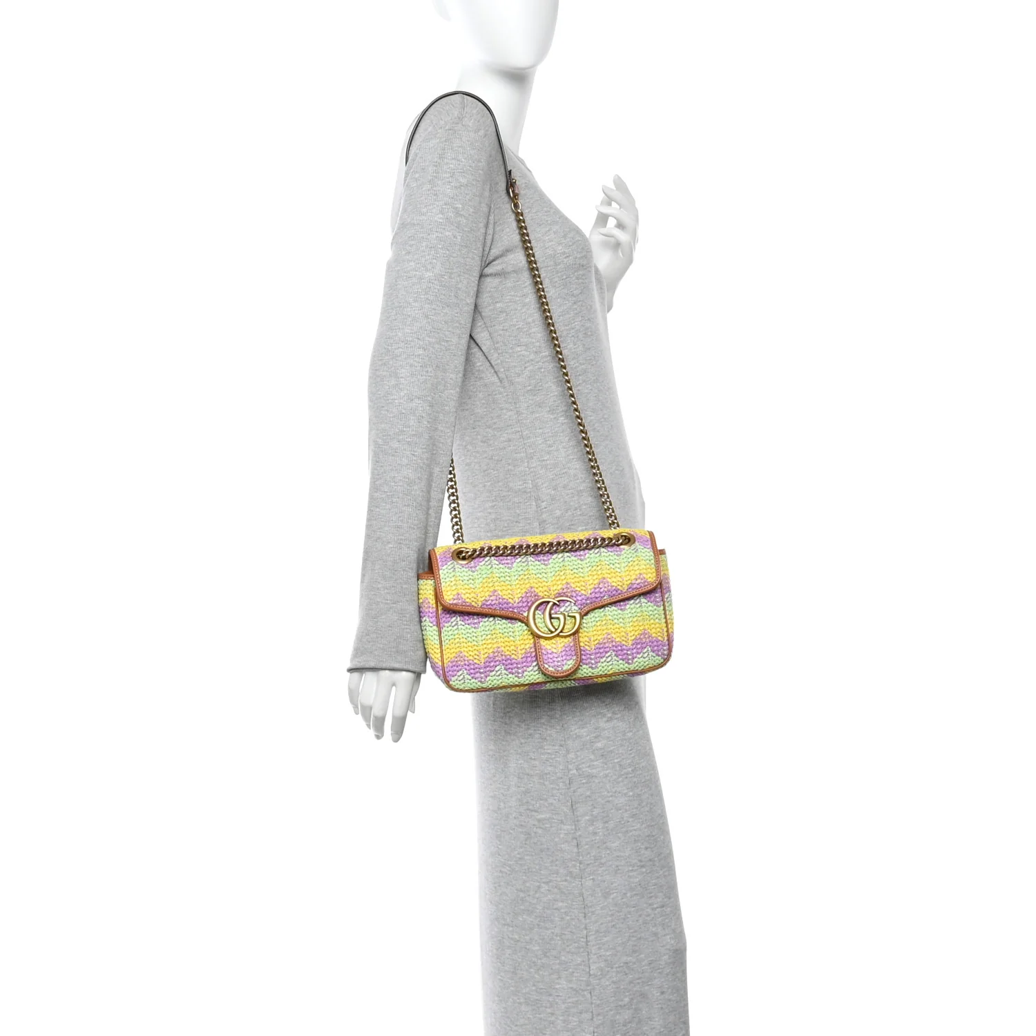 Calfskin Raffia Woven Small GG Marmont Shoulder Bag Multicolor