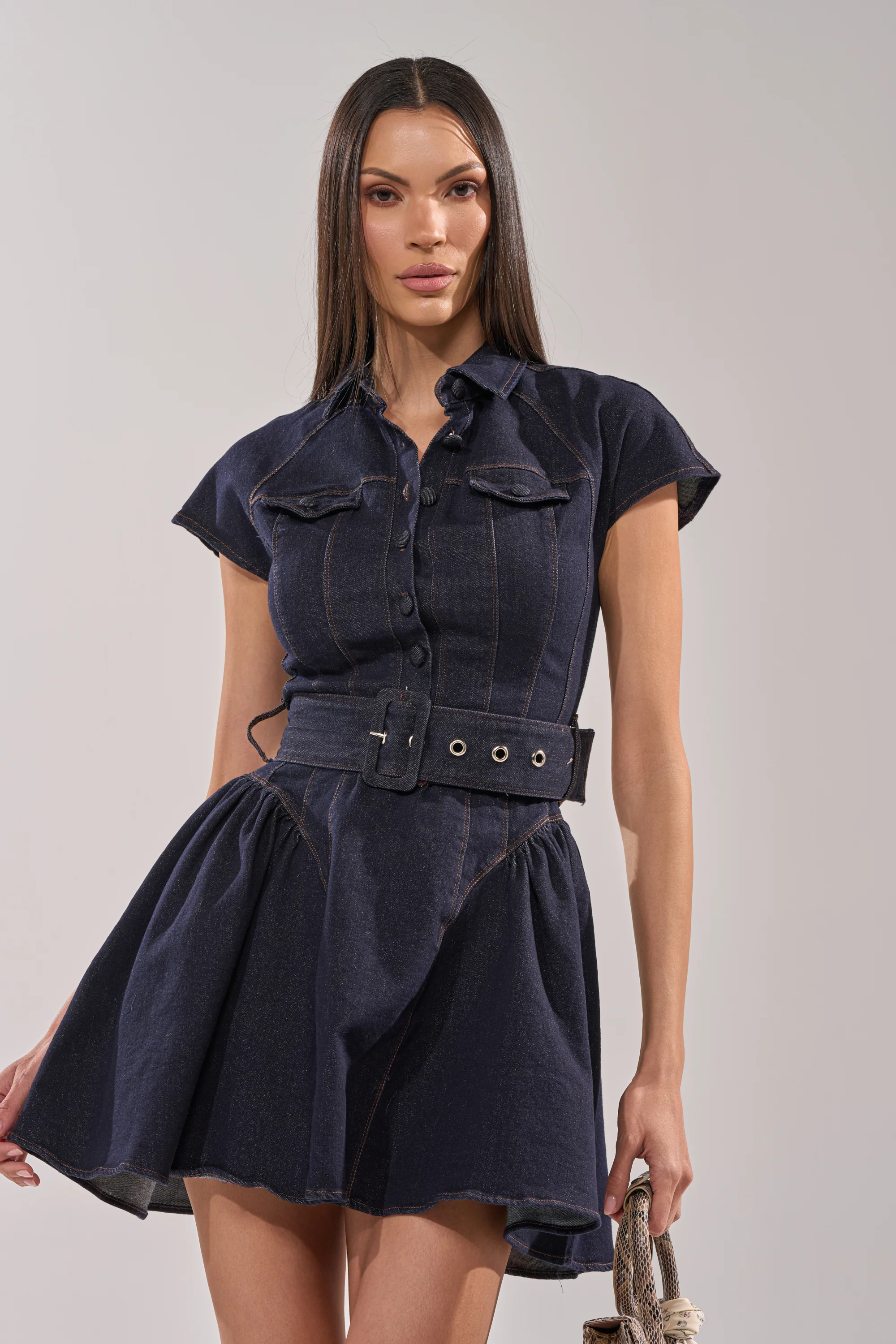 SADIE BUTTON UP DENIM MINI DRESS - Akira Store
