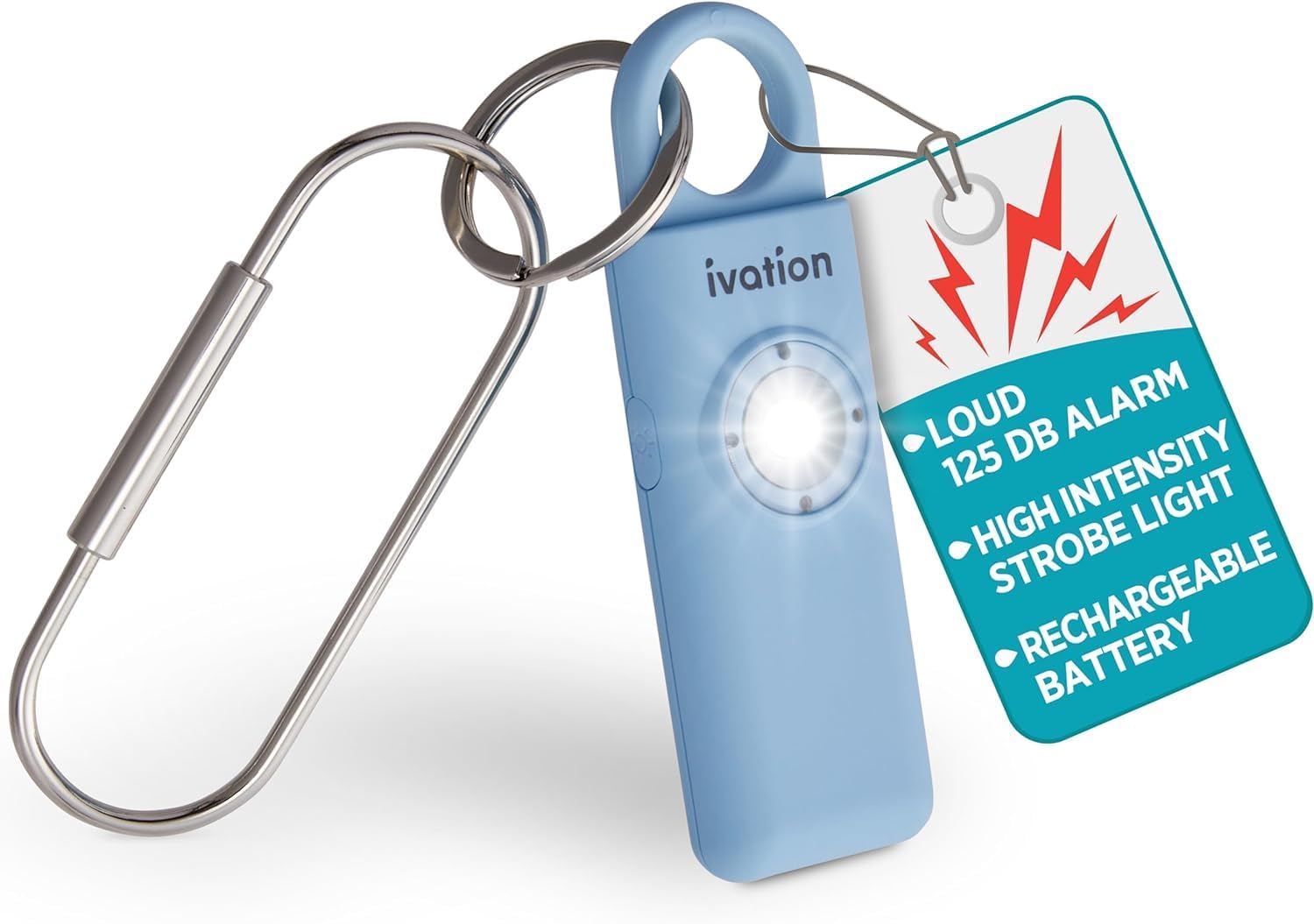 Ivation Personal Rechargeable SOS Alarm, Pocket Size Loud 130dB Sound Safety Siren & LED Panic Strobe Light with Carabiner Keychain Clip for Women, Children & Seniors, Blue
