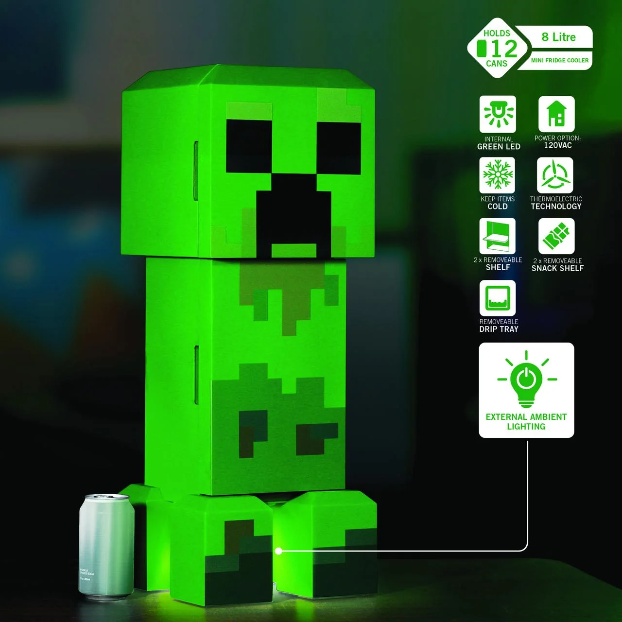 Creeper Mini Fridge 2 Door, 8L, Green, 25.2" H 9.5" W 9.1" D - Image 5