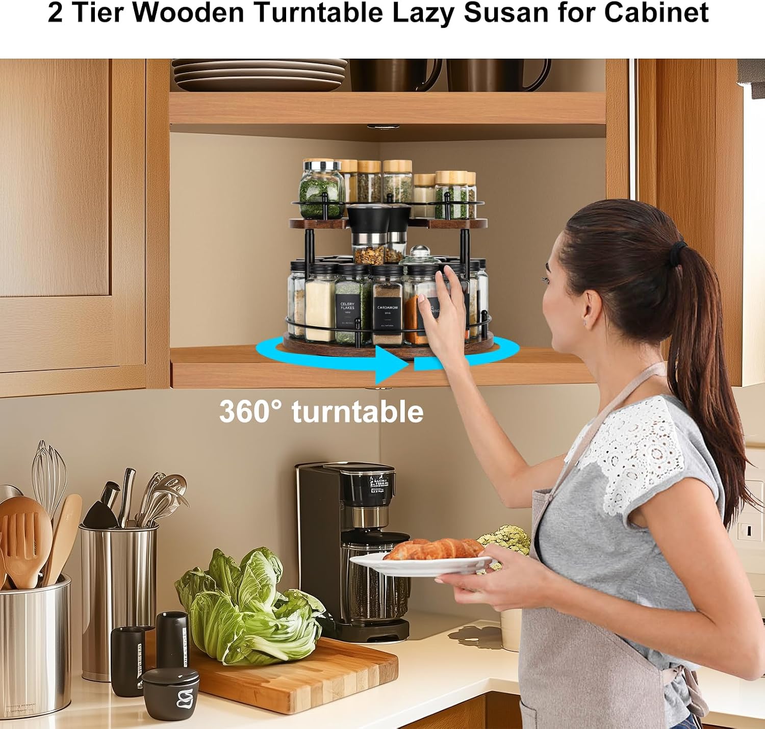 Turntable Lazy Susan Organizer Spice Rack, 2-Tier Wooden Spinning Revolving Organizer Height Adjustable, 12'' Seasoning Rotating Spice Rack for Cabinet, Kitchen Countertop, Dining Table, Vanity Storage