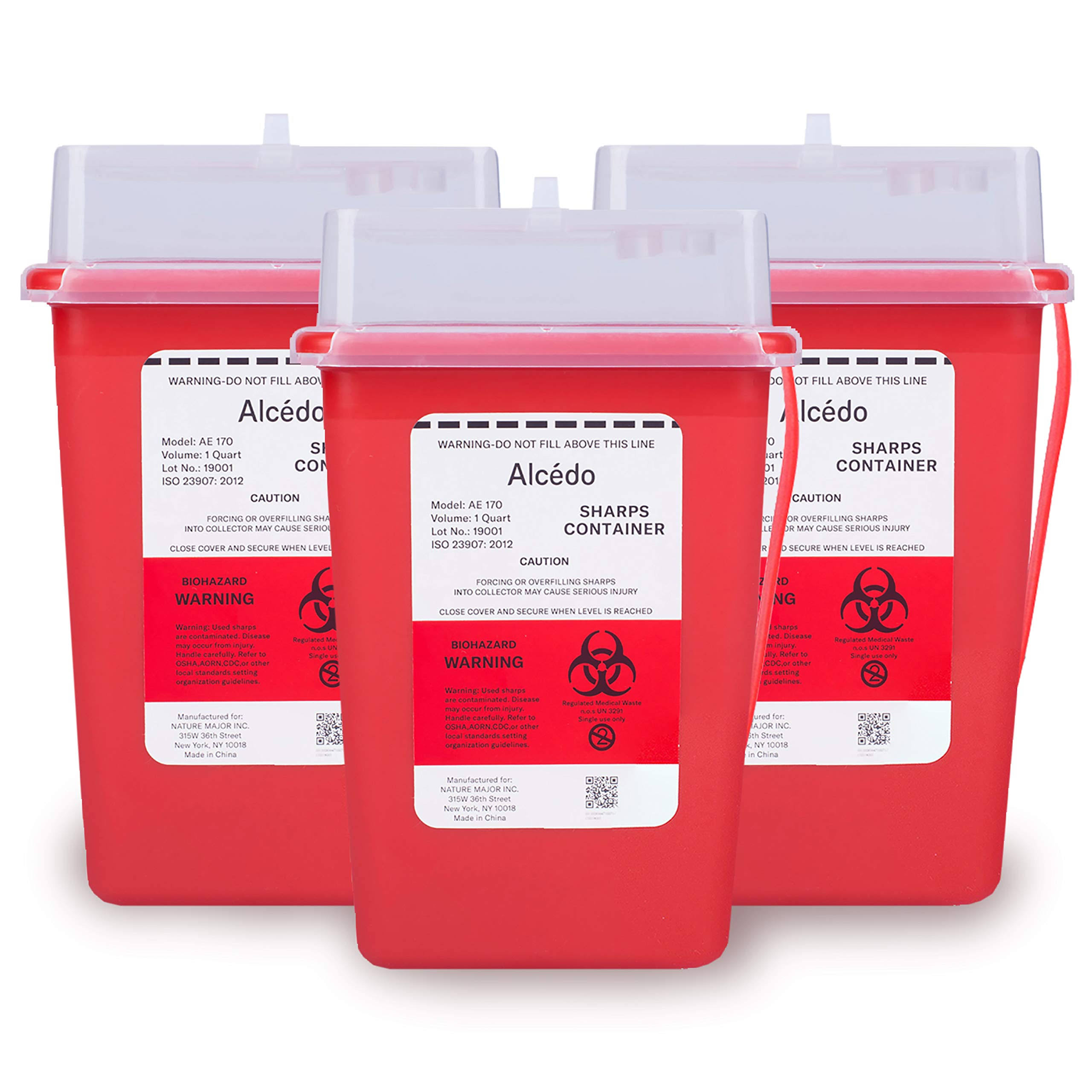 Sharps Container for Home Use and Professional 1 Quart (3-Pack) by Alcedo | Biohazard Needle and Syringe Disposal | Small Portable Container for