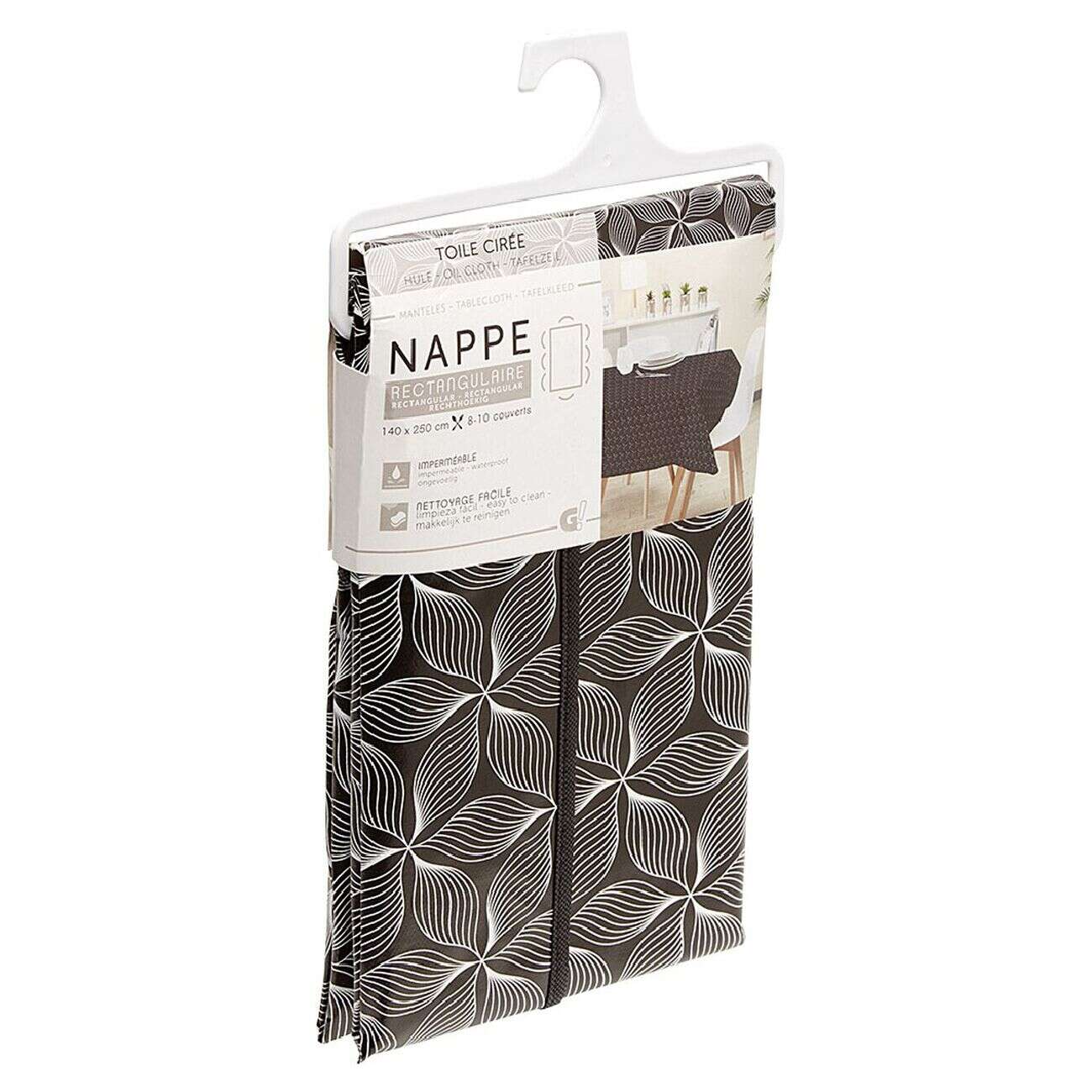 Toile cirée rectangulaire imprimée fleur pvc noir et blanc