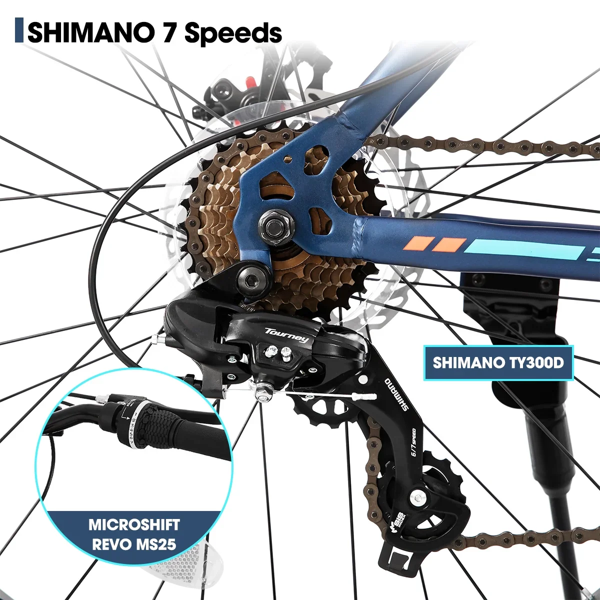 Hiland Fat Tire Bike, Shimano 7-Speed, Dual-Disc Brakes, 24 inch Trail Mountain Bike, Blue