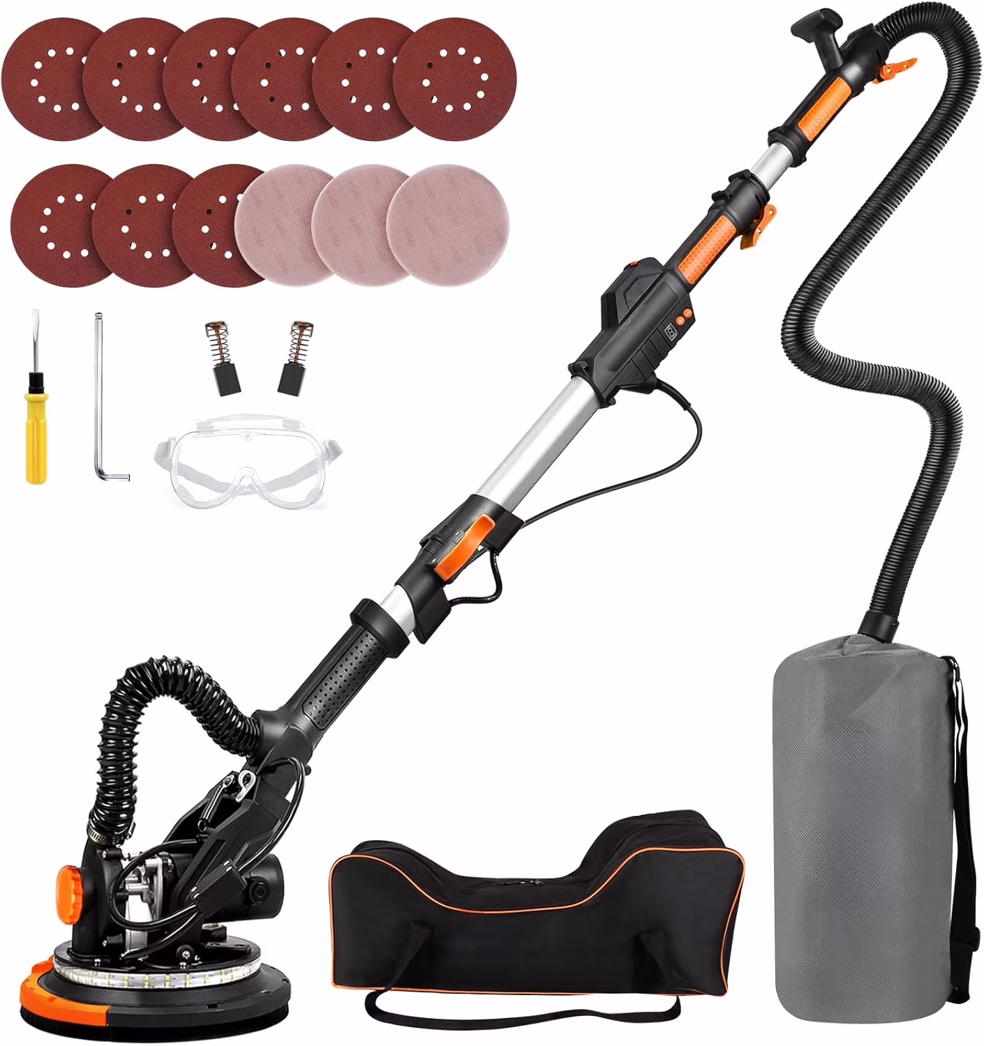 Electric Drywall Sander with Vacuum Dust Collection, Variable Speed, LED Light, Foldable Handle, Includes Sanding Discs & Grids for Home & Professional Use