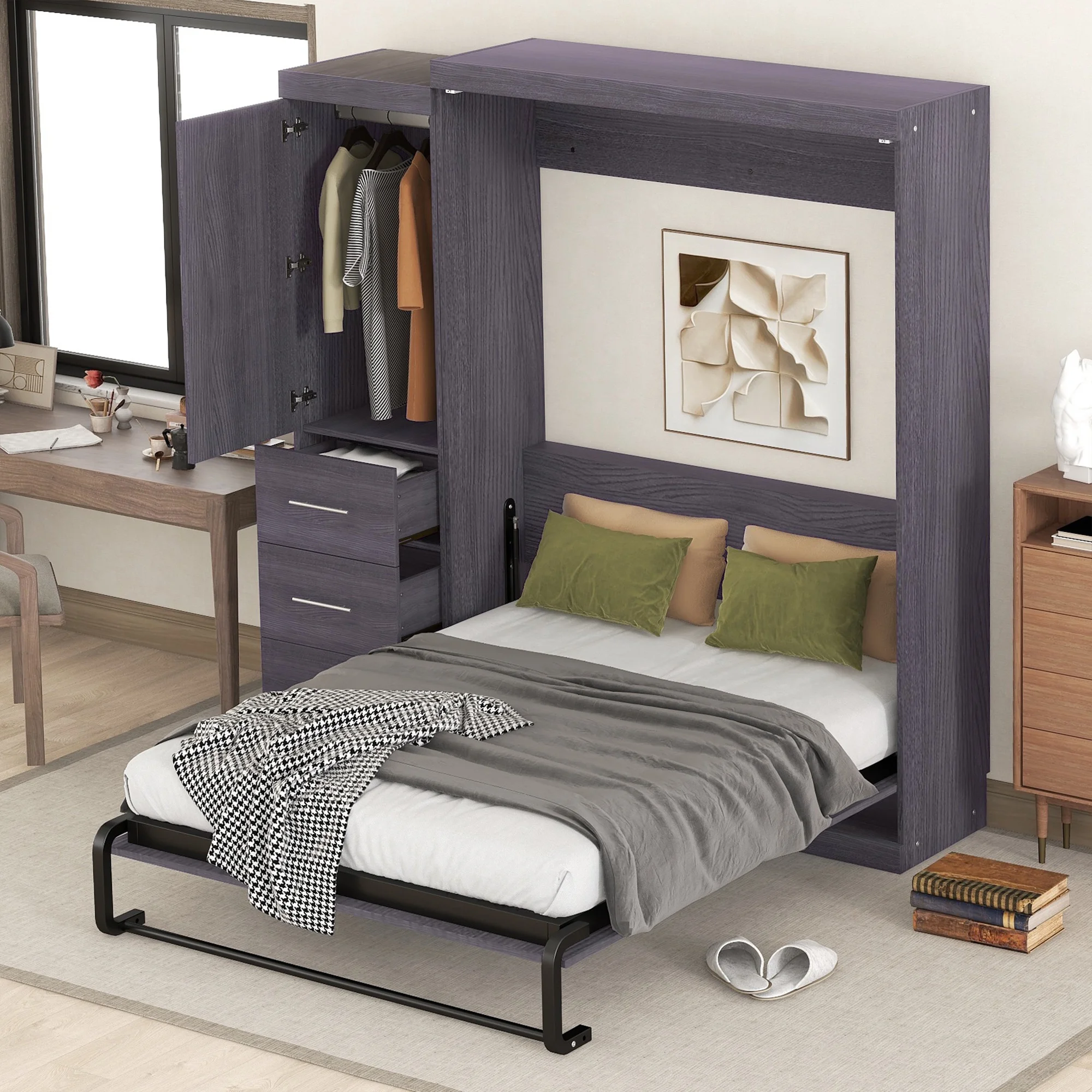Euroco Wood Full Size Murphy Wall Bed with Wardrobe and Drawers for Living Room, Moveable Wardrobe and Drawers, Space - Saving & Easy Open and Close for Kids Teens Adults, Gray