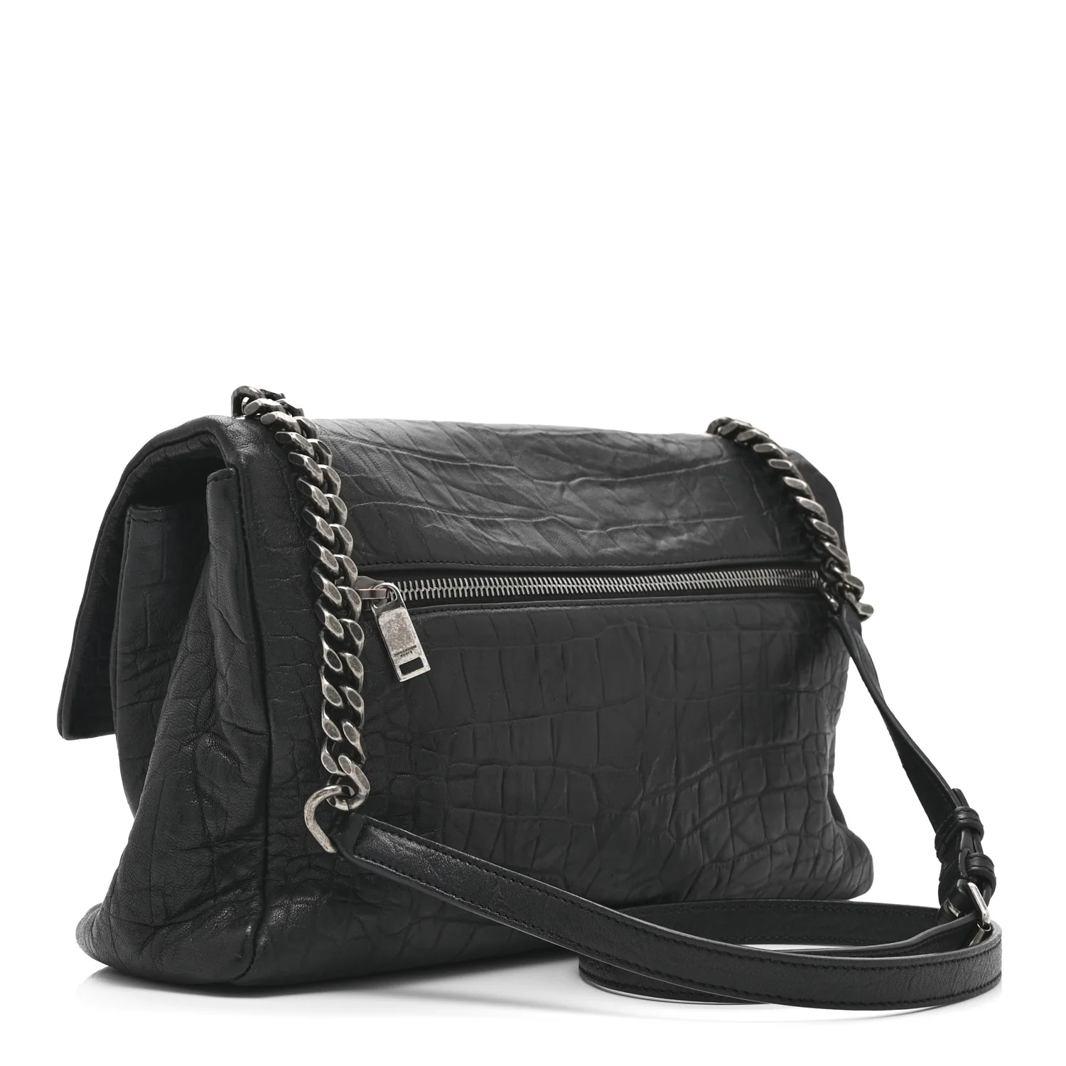 Calfskin Crocodile Embossed Medium West Hollywood Monogram Fold-Over Black