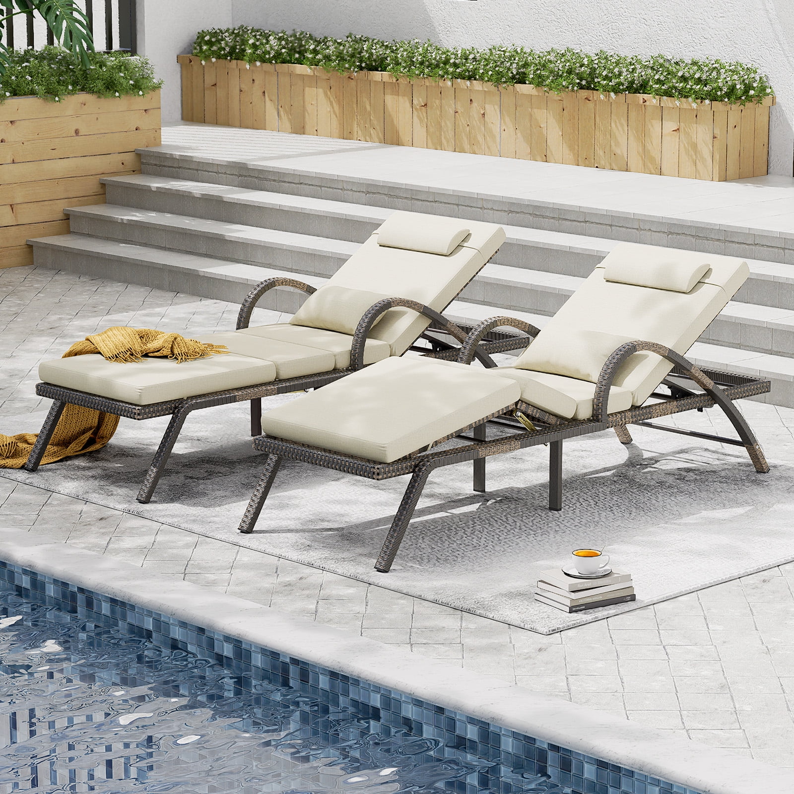 4-Piece Outdoor Lounge Chairs, Pool Chairs with Adjustable 5 Position Backrest, PE Rattan Chaise for Backyard Porch Deck (Gray)(4/Gray) - Image 8