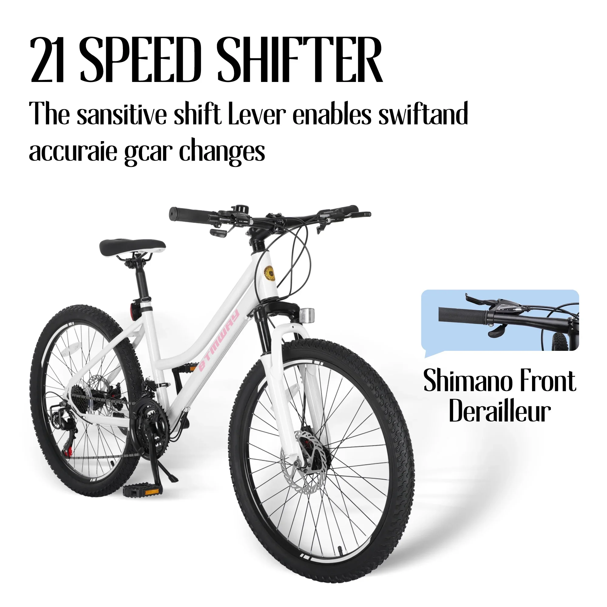 iRerts 24 Inch Mountain Bike, Shimano 21 Speed Mens Mountain Bike, Gear MTB Mens Bicycle with Dual Disc Brakes and Front Suspension, Pink