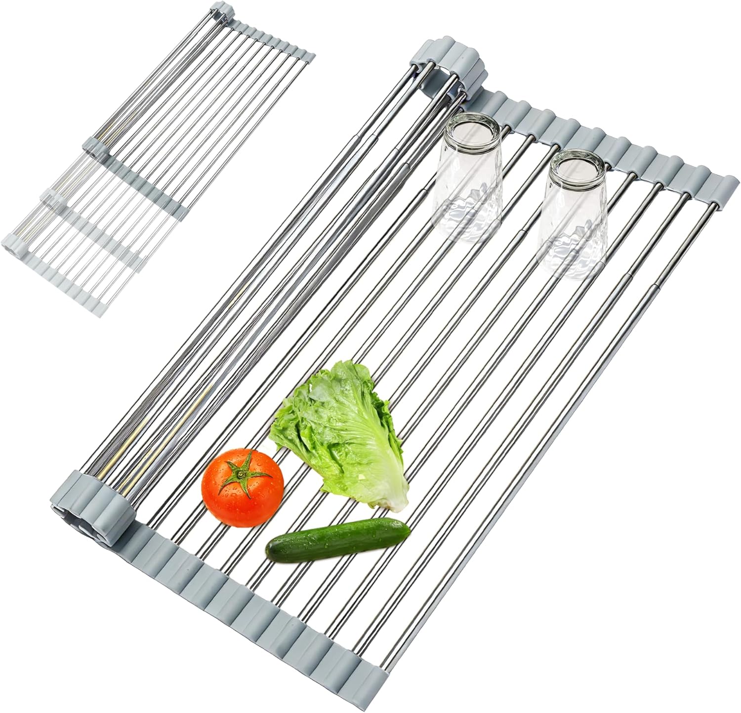 Expandable Roll-UP Dish Drying Rack-Large 304 Stainless Steel Dish Drainer Over The Sink for Kitchen Countertop, Extendable & Rollable & Food Grade (Silver, 22.08'x 13.2')
